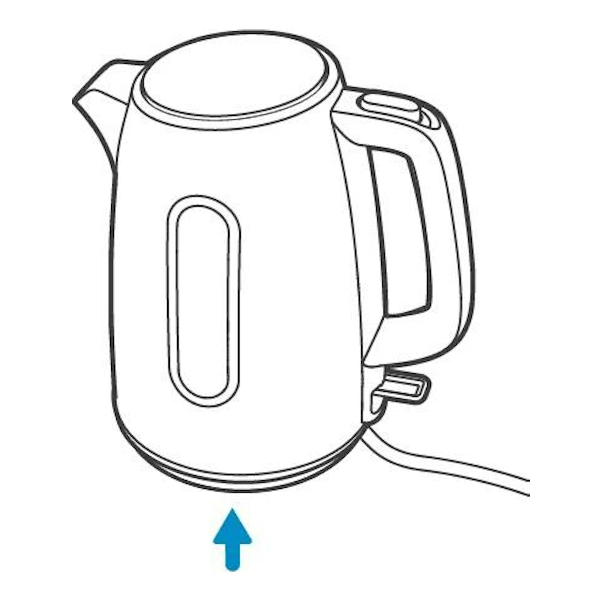 Ilustración frontal de un hervidor Philips HD9350/90 de acero inoxidable, con asa y cable lateral.
