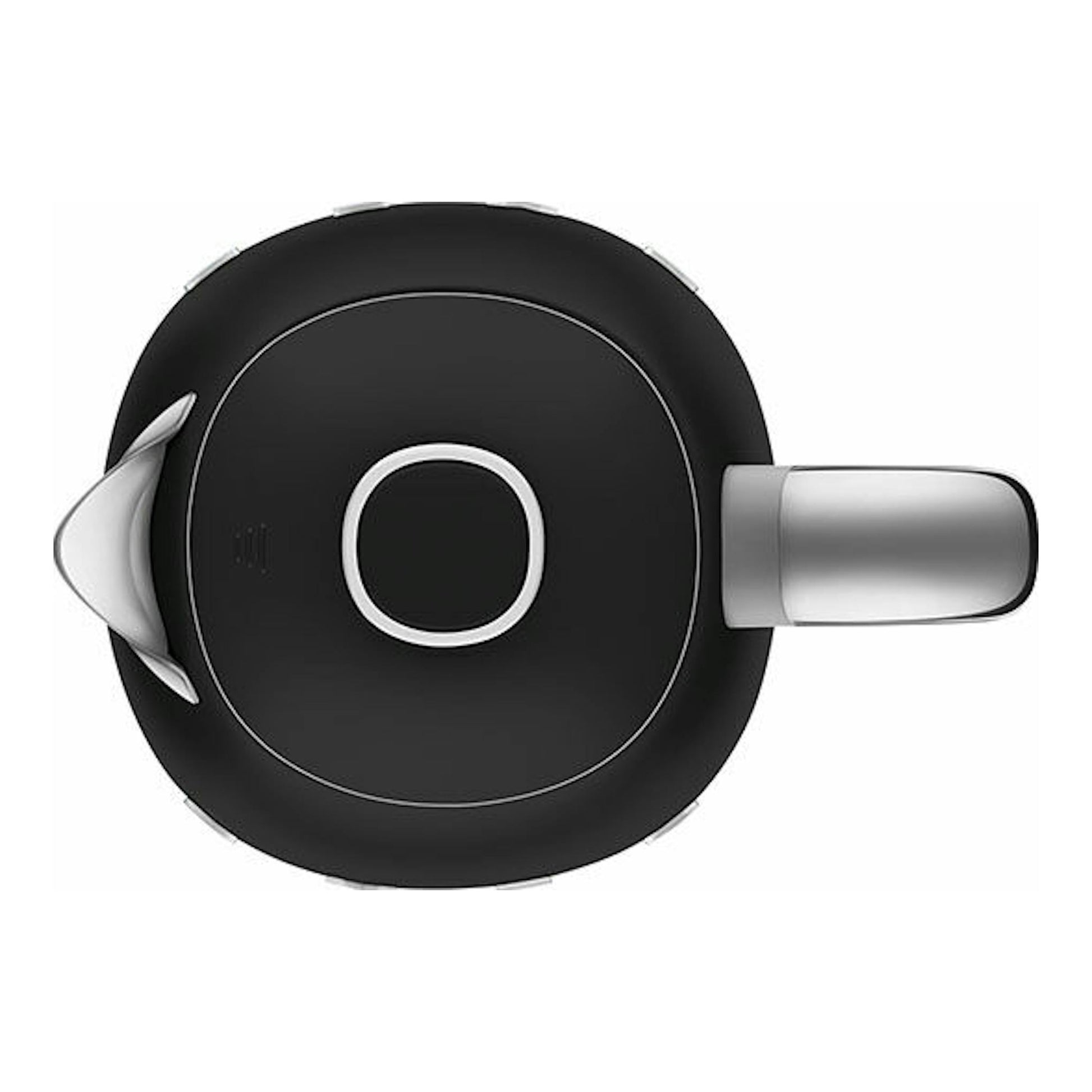 Hervidor de agua Smeg KLF03BLMEU negro, vista superior, con asa y boquilla plateadas.