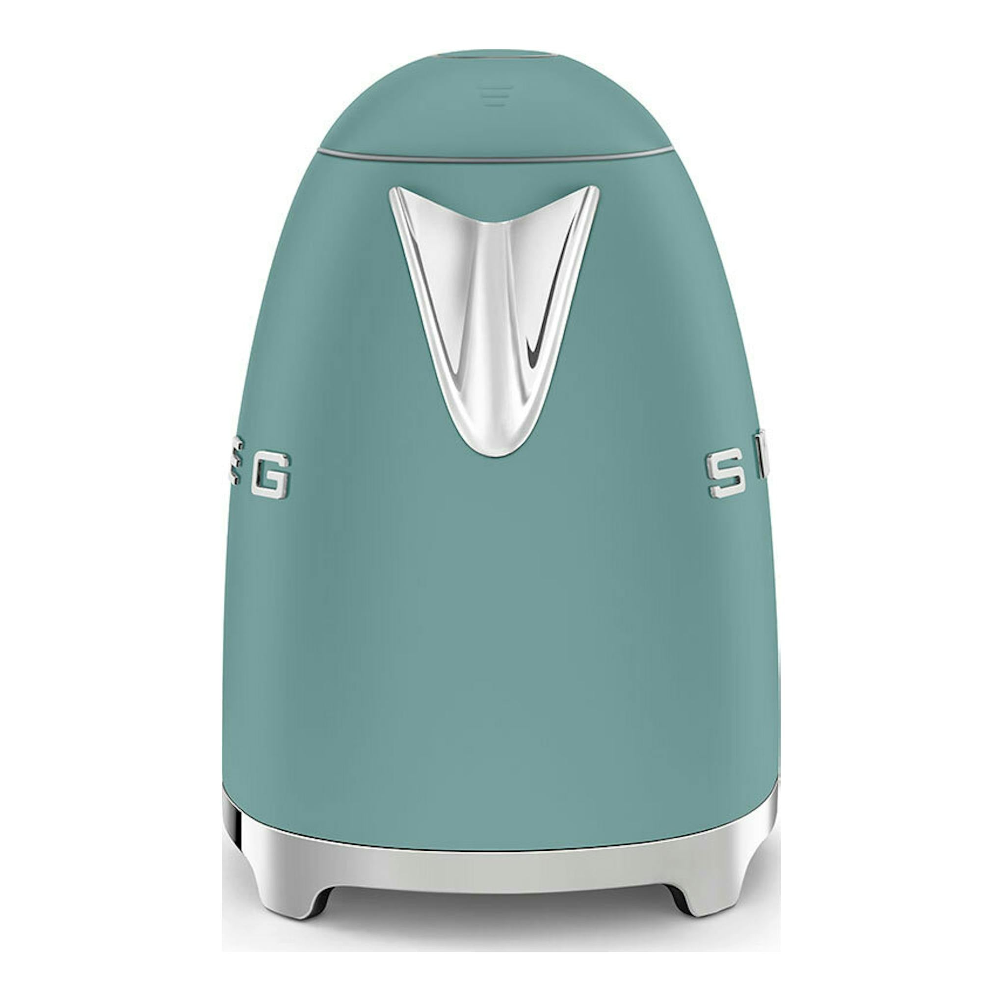 Hervidor Smeg KLF03EGMEU verde esmeralda, vista frontal, con detalles cromados.