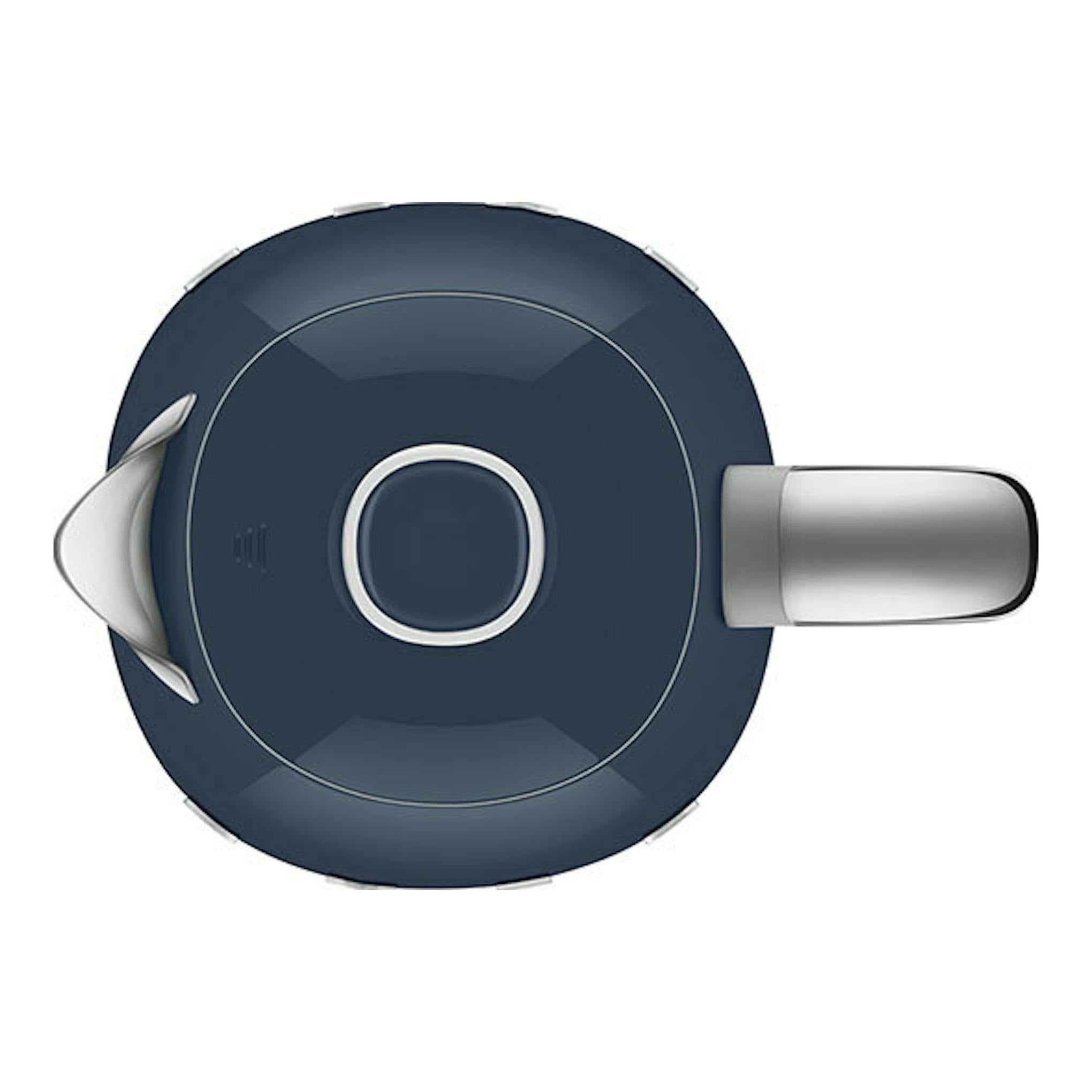 Hervidor Smeg KLF03NBEU azul marino, vista superior con asa y boquilla plateadas.