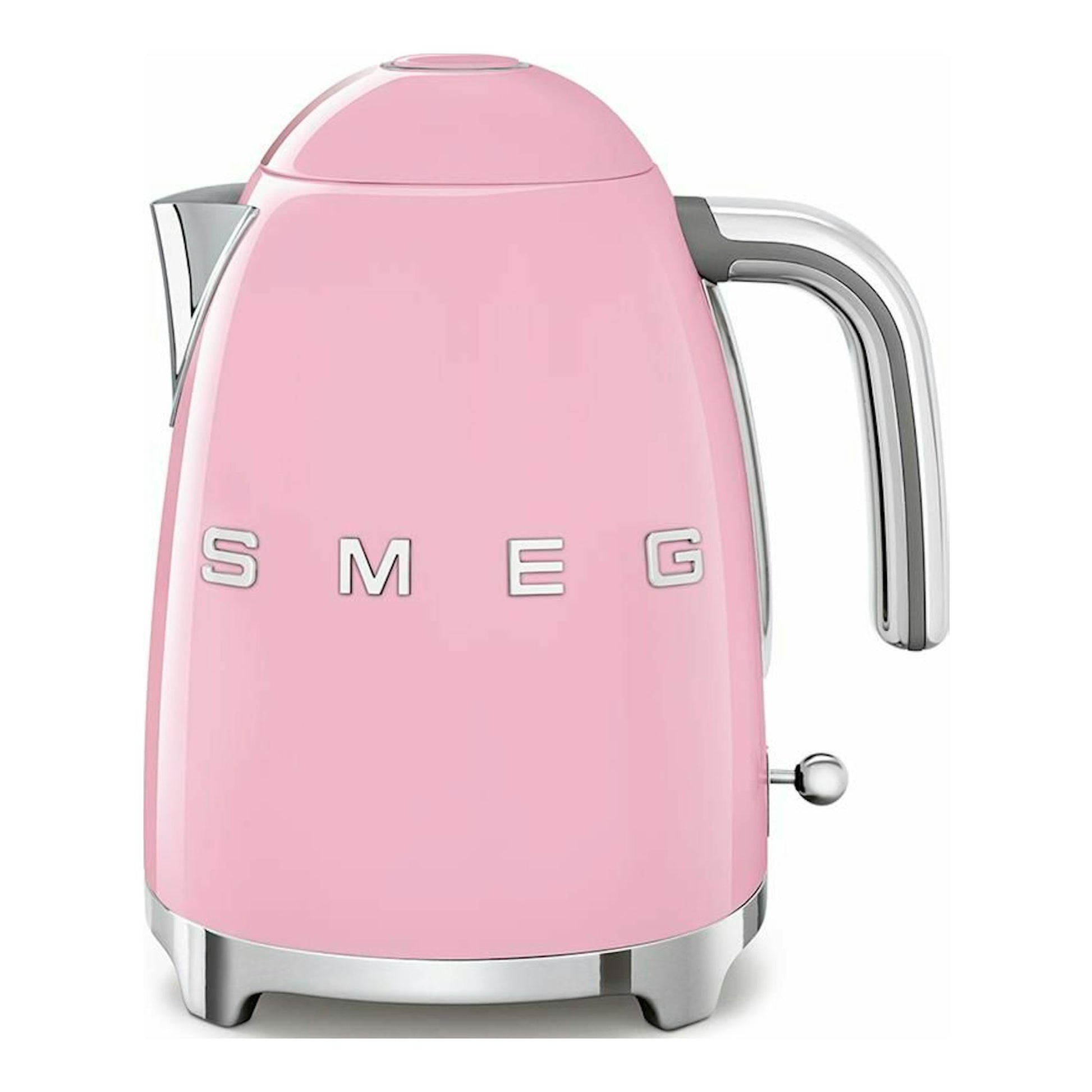 Hervidor de agua Smeg KLF03PKEU rosa, vista frontal, con detalles cromados.