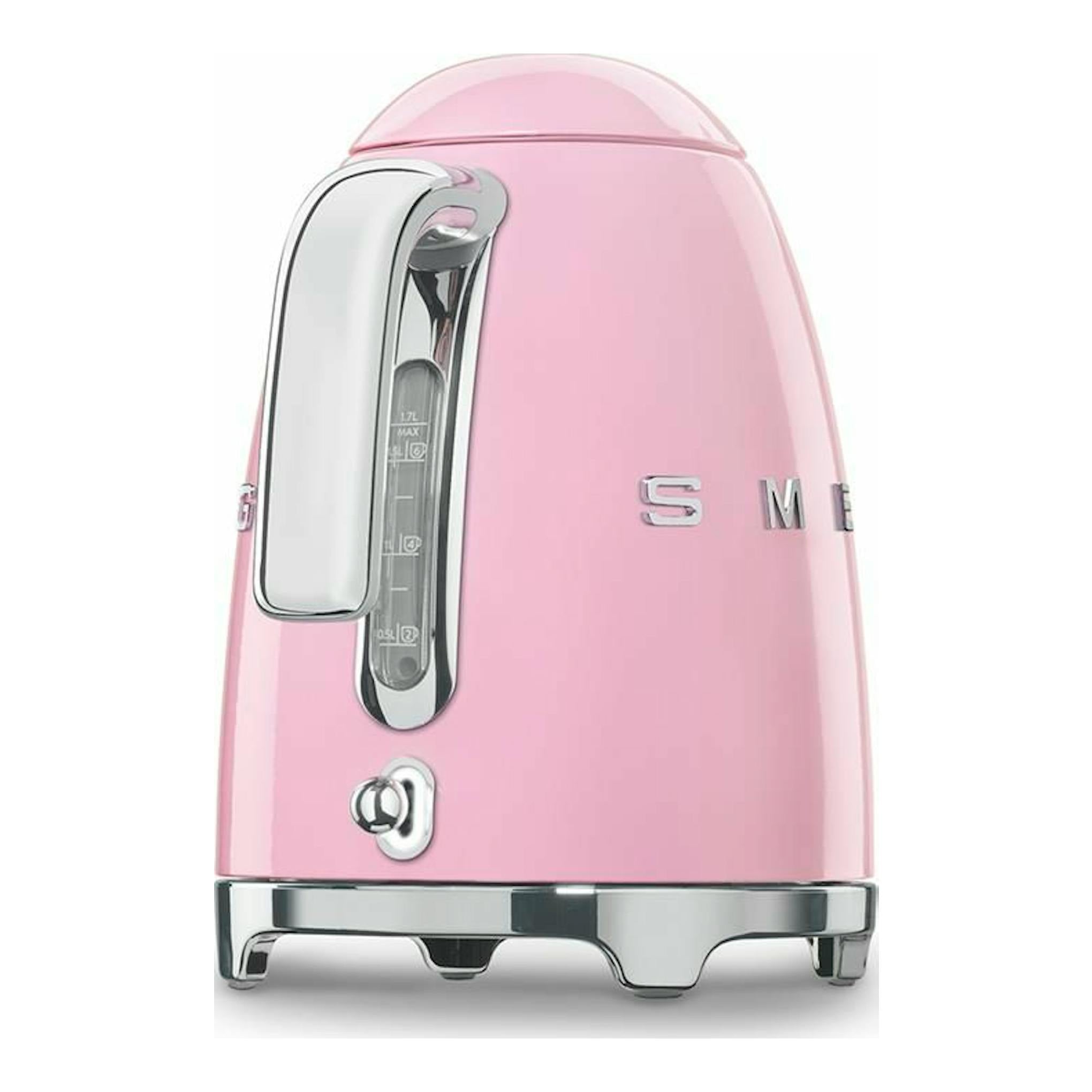 Hervidor Smeg KLF03PKEU rosa, vista frontal, con detalles cromados.