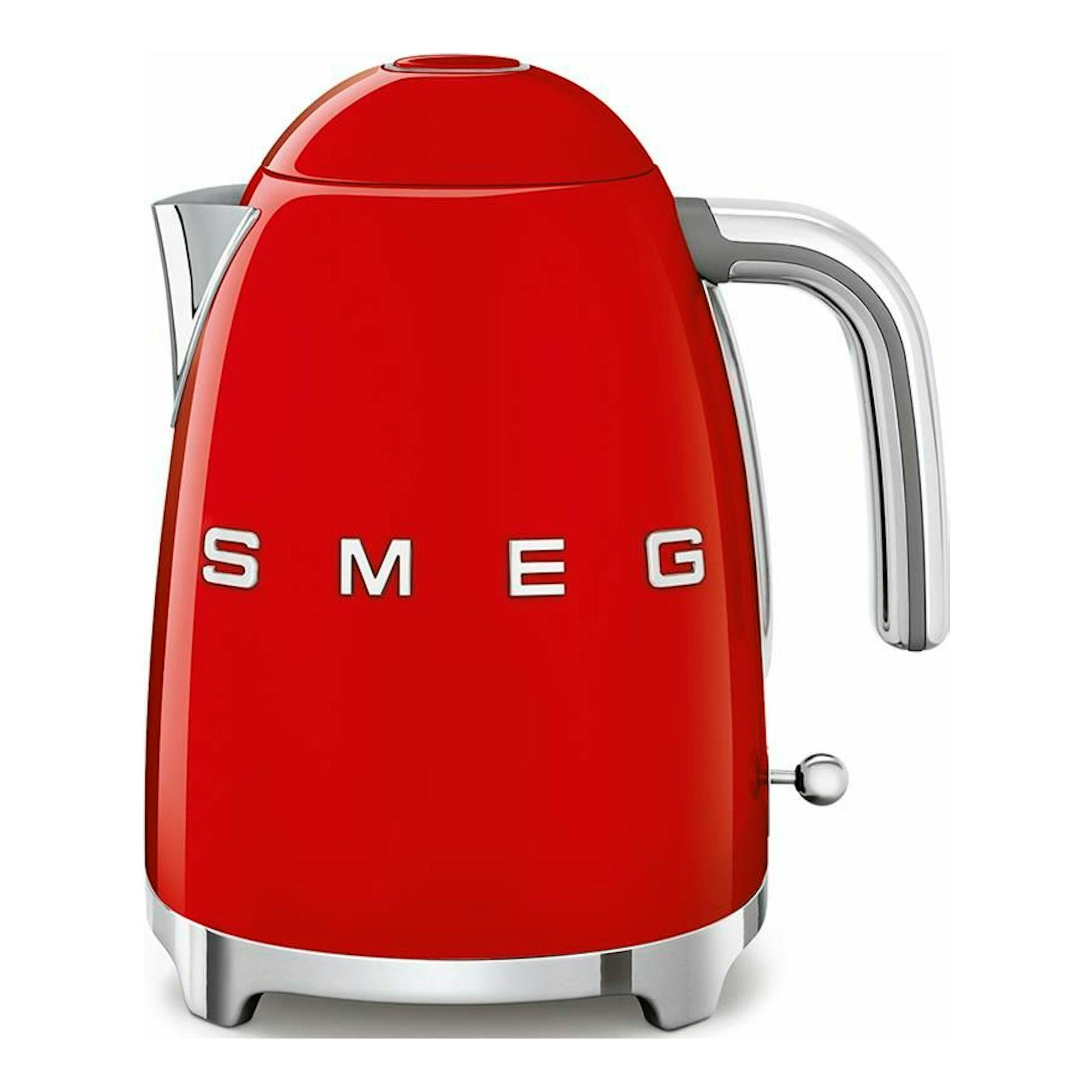 Hervidor de agua SMEG KLF03RDEU rojo, vista frontal, con asa y detalles cromados.