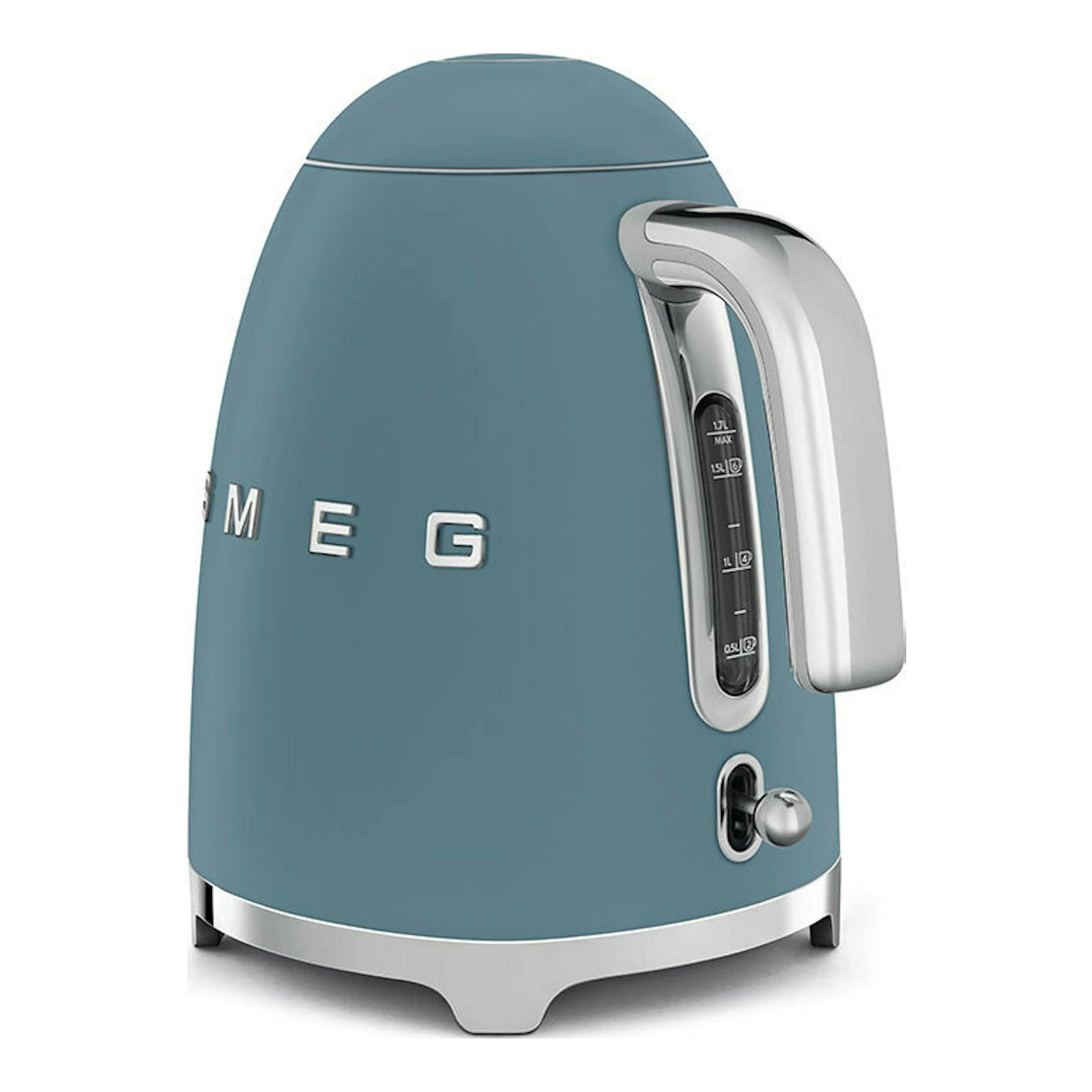 Hervidor de agua Smeg KLF03SBMEU azul tormenta mate, vista frontal en ángulo, con detalles cromados.
