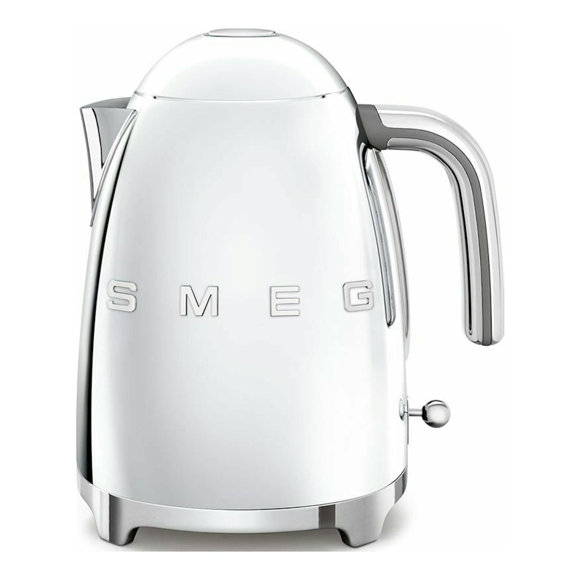 Hervidor Smeg KLF03SSEU cromado, vista frontal, con cuerpo plateado y asa lateral.