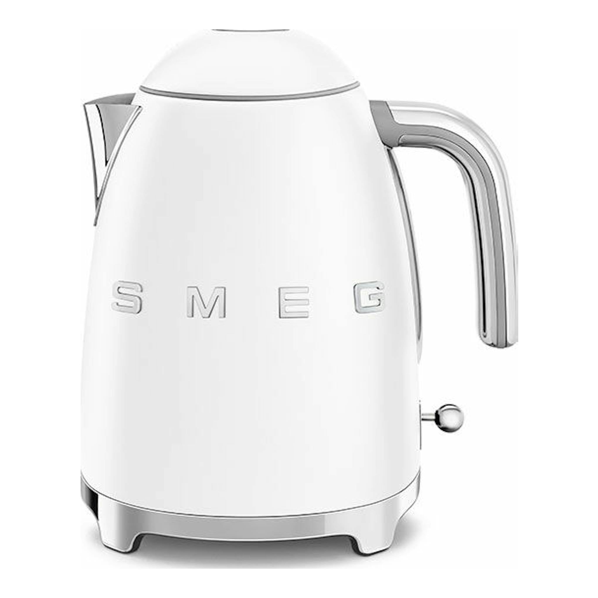 Hervidor Smeg KLF03WHMEU blanco, vista frontal con detalles cromados.