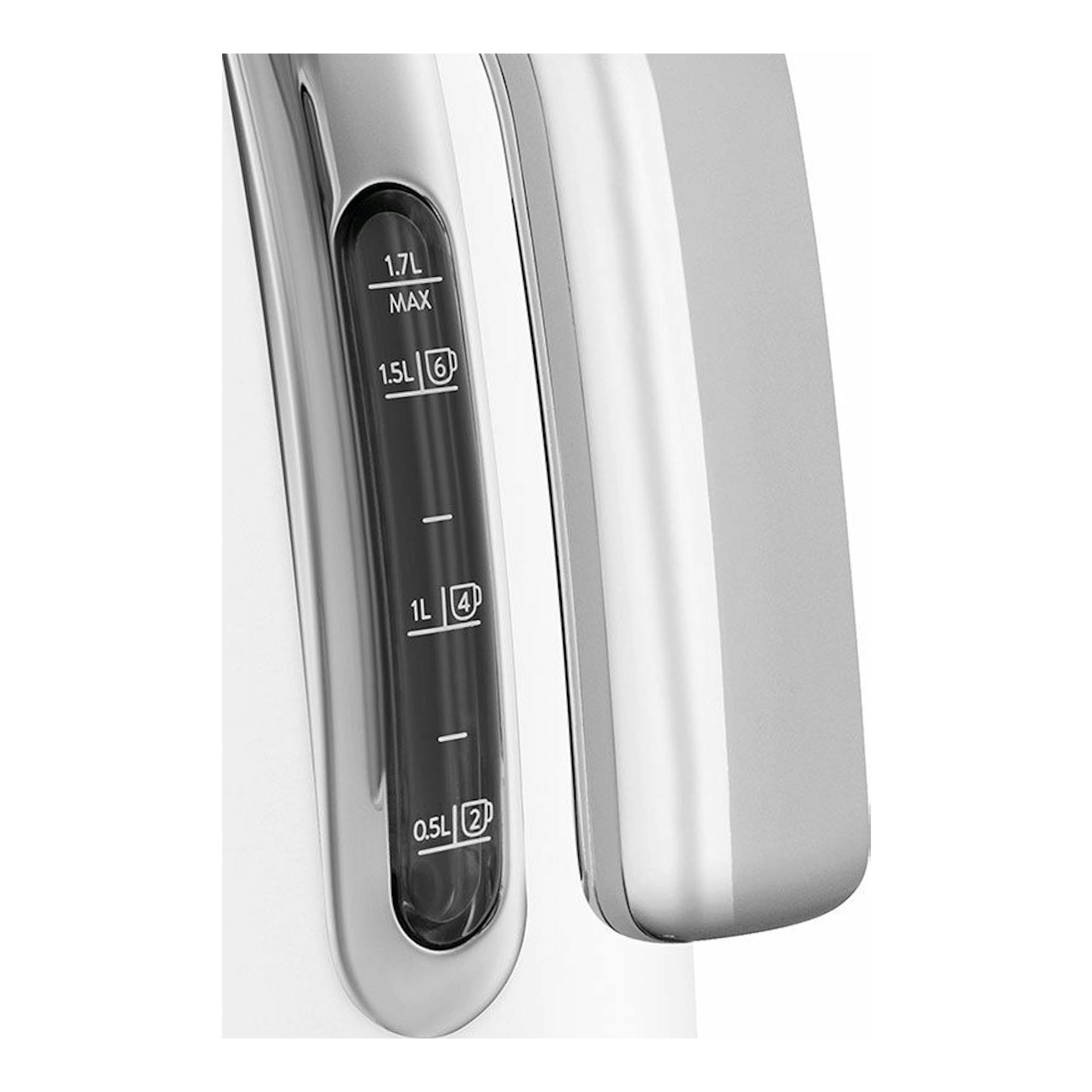 Hervidor Smeg KLF03WHMEU blanco, primer plano lateral del indicador de nivel de agua.