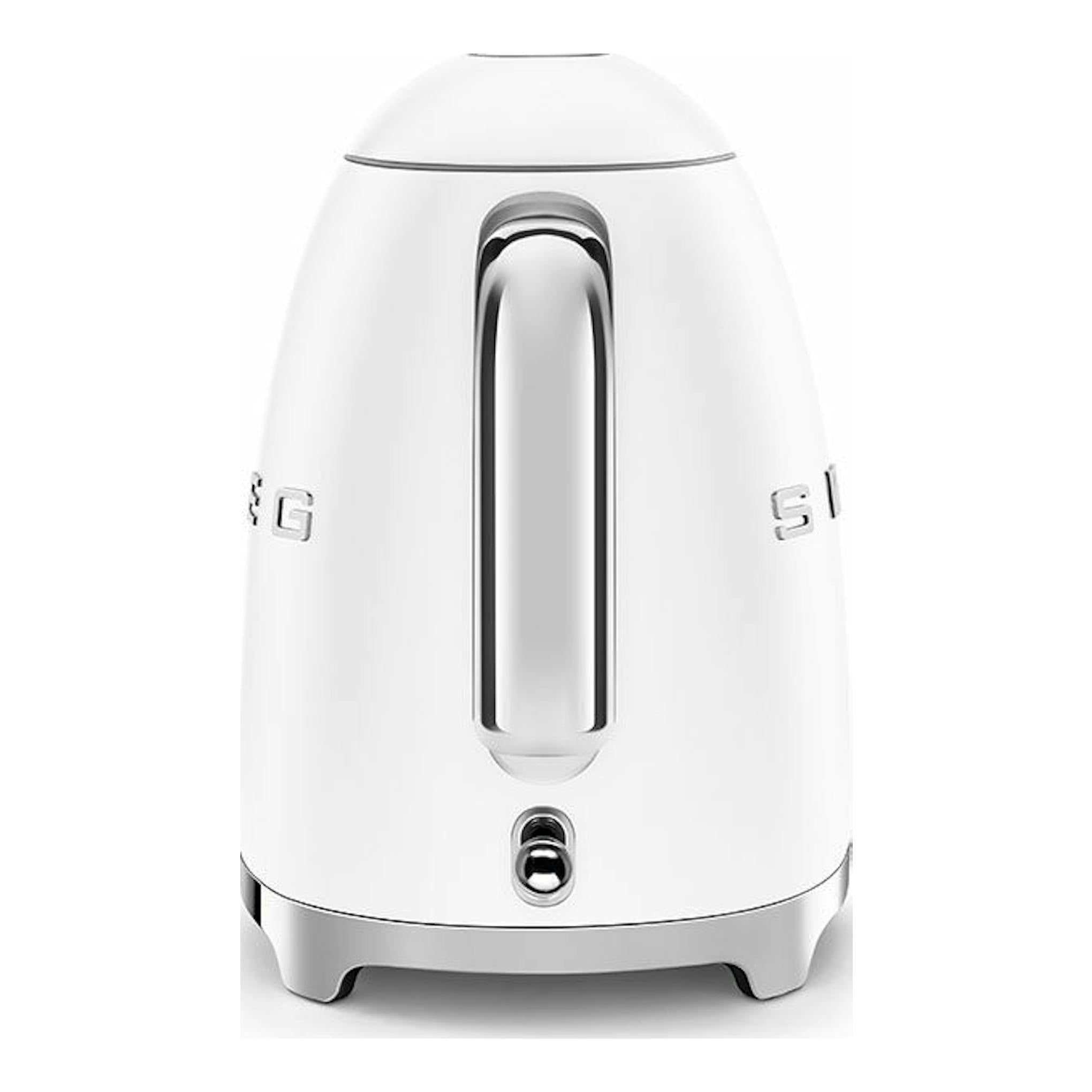 Hervidor Smeg KLF03WHMEU blanco, vista frontal, con detalles cromados y base redondeada.