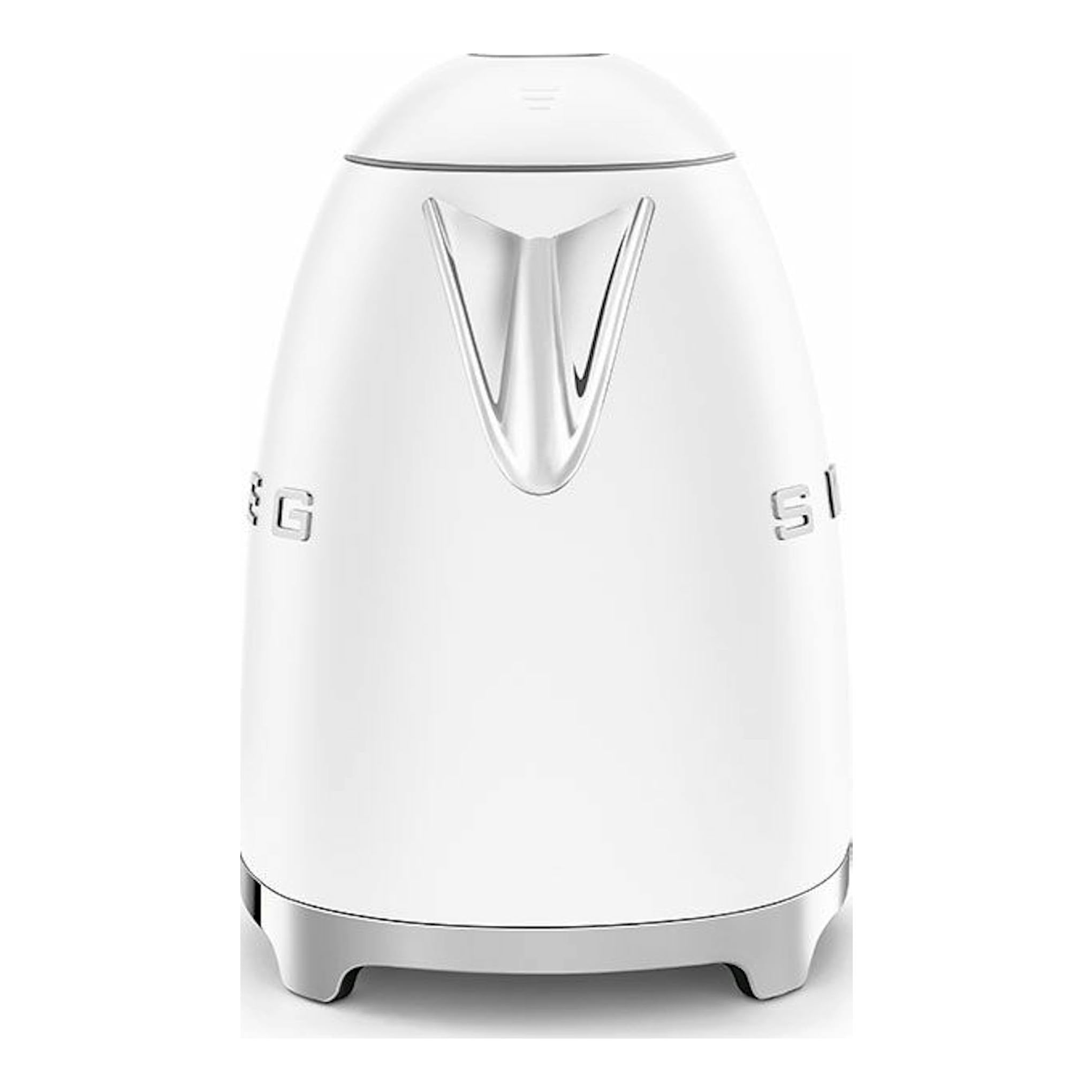 Hervidor Smeg KLF03WHMEU blanco, vista frontal, con detalles cromados.