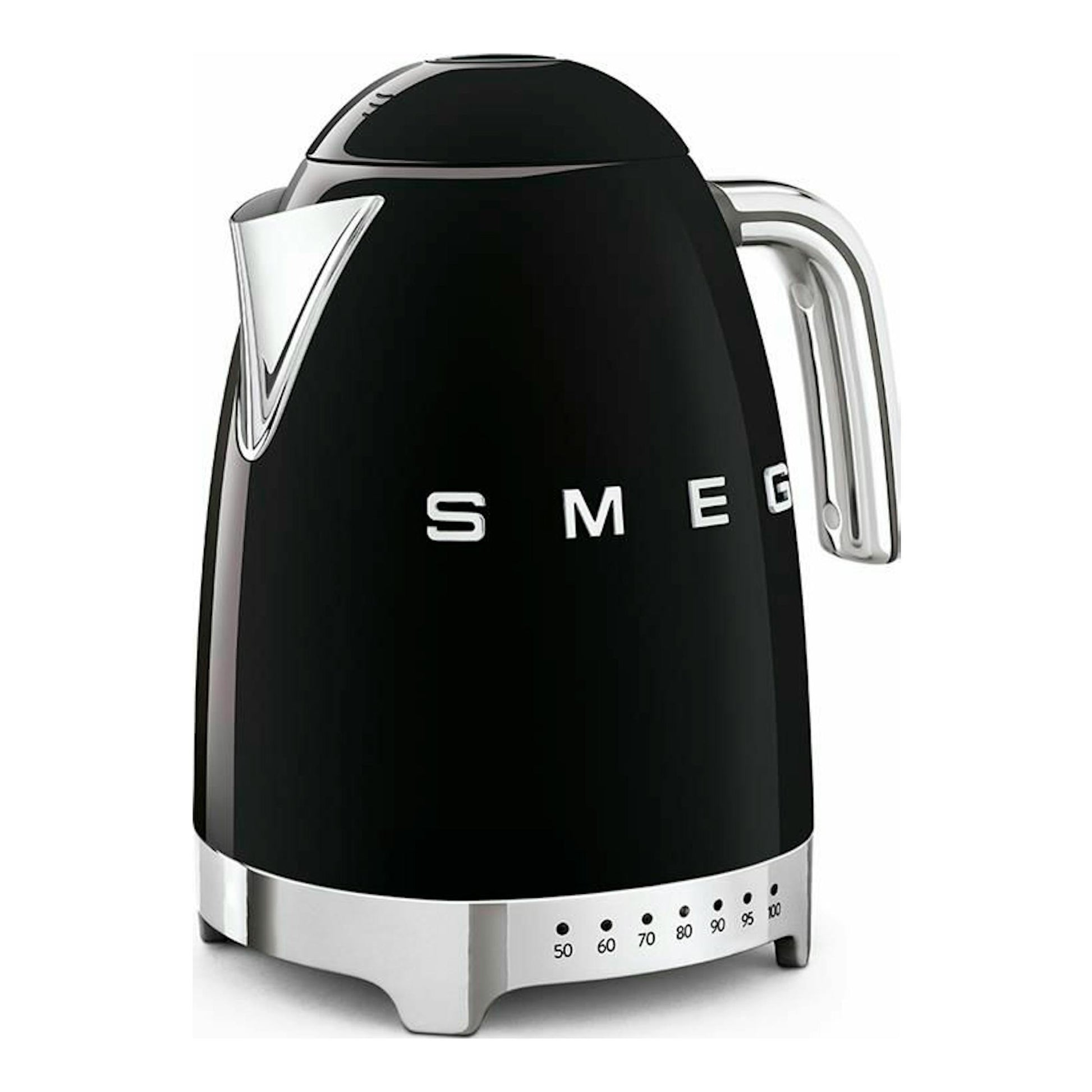 Hervidor Smeg KLF04BLEU negro, vista frontal, con asa y base cromadas.