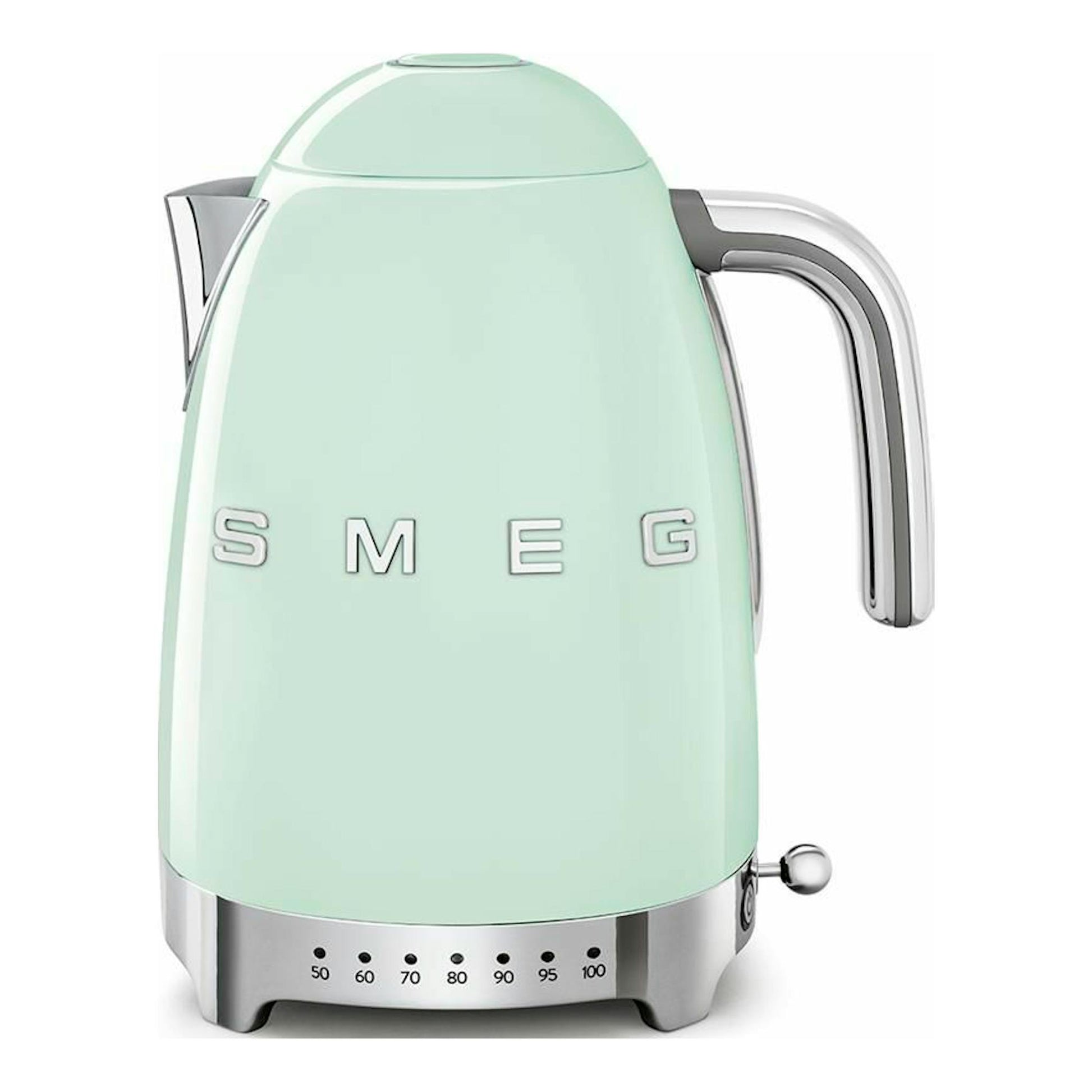 Hervidor Smeg KLF04PGEU verde agua, vista frontal, con base cromada y asa plateada.