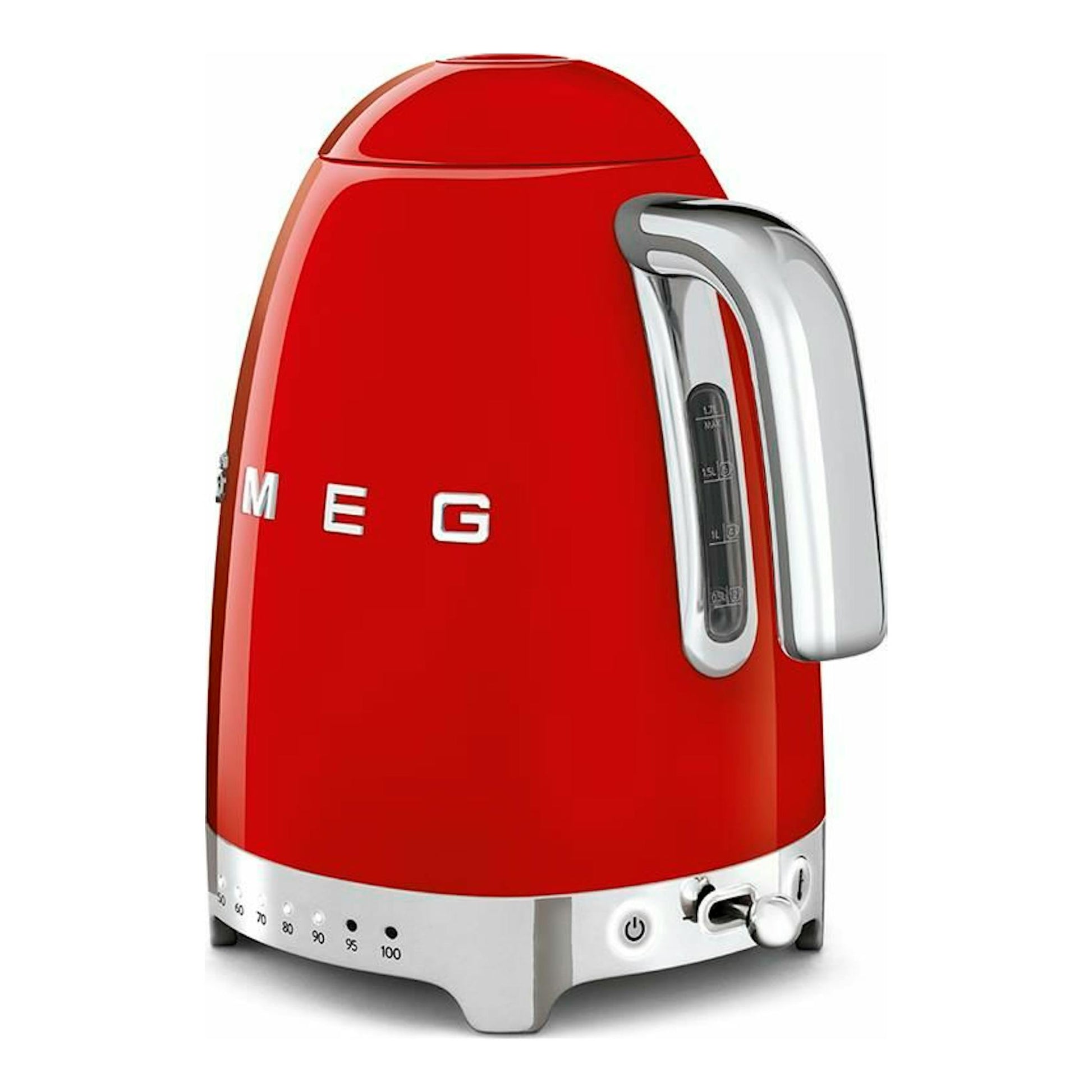 Hervidor Smeg KLF04 rojo, vista frontal en ángulo, con asa y base cromadas.