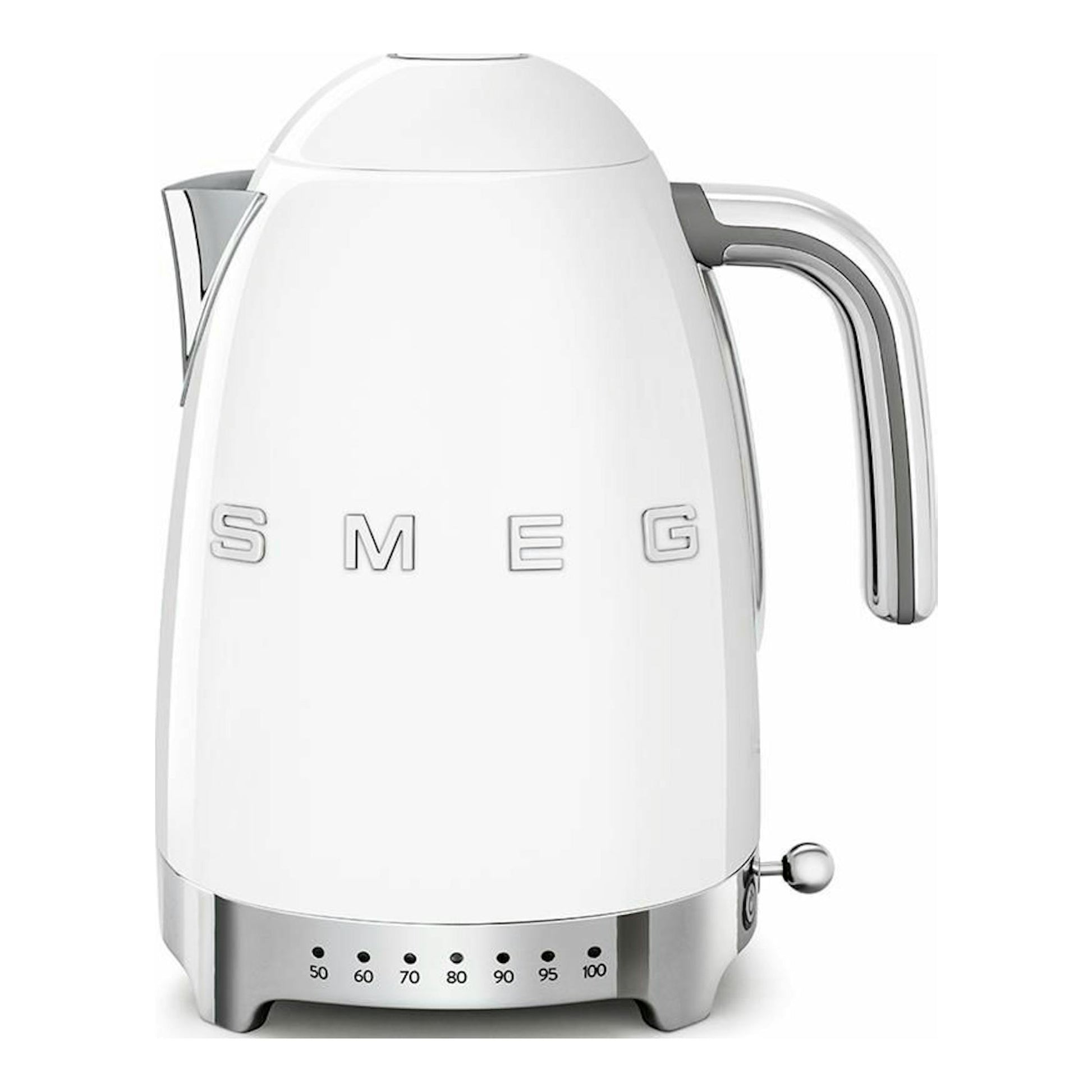 Hervidor Smeg KLF04WHEU blanco, vista frontal, con base cromada y escala de temperatura.