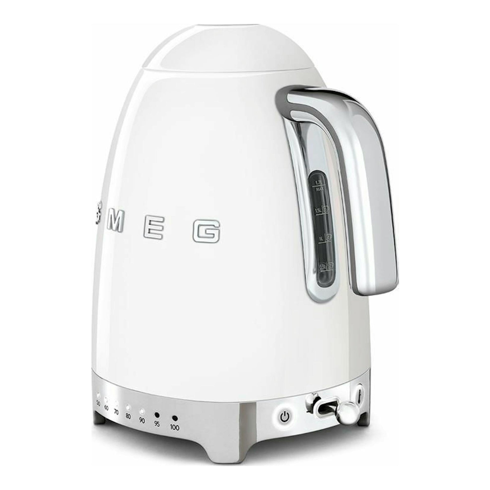 Hervidor Smeg KLF04WHEU blanco, vista frontal tres cuartos, con base cromada y asa gris.