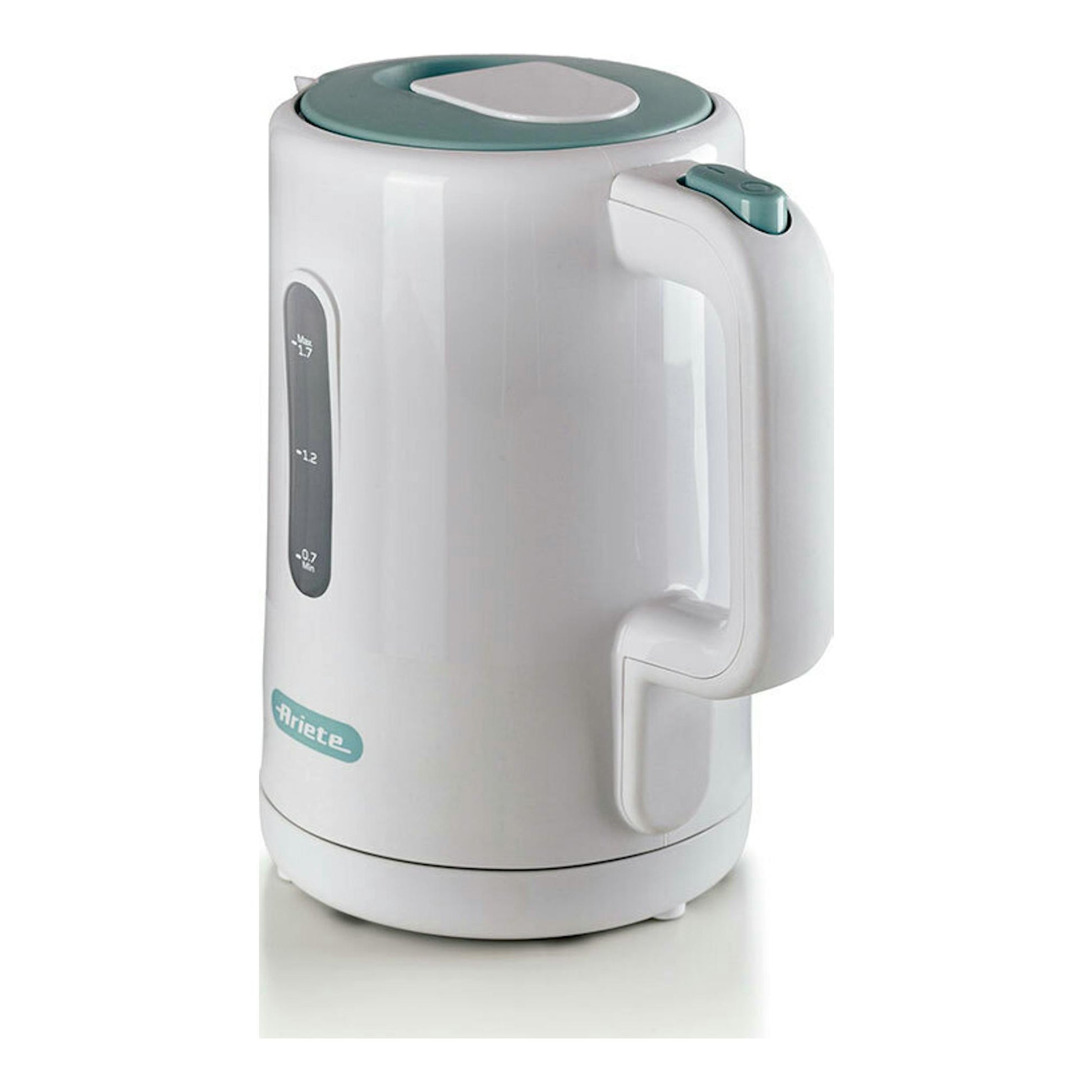Hervidor Ariete Breakfast blanco, vista frontal tres cuartos, con tapa y asa verde agua.