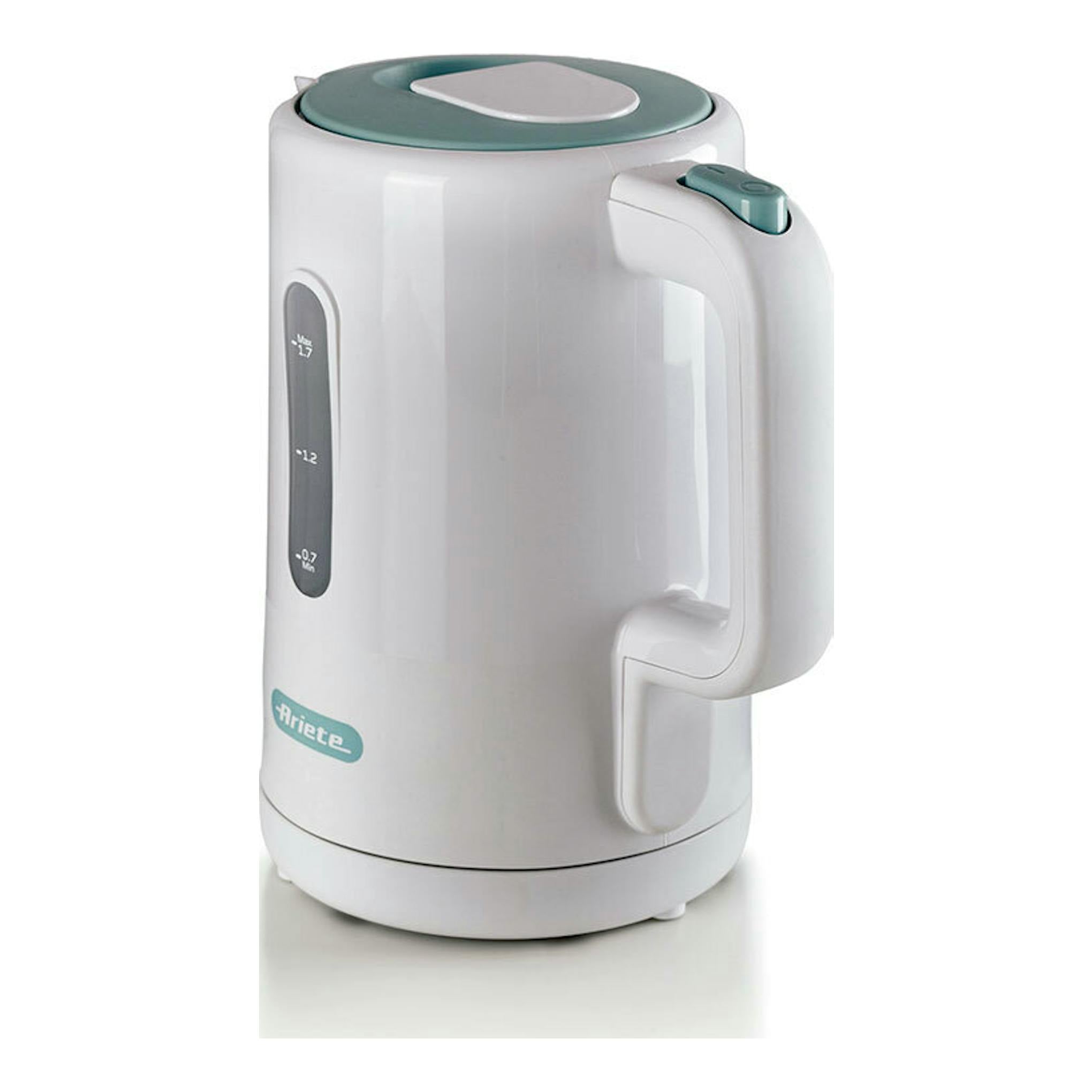Hervidor Ariete Breakfast blanco, vista frontal tres cuartos, con tapa y asa verde agua.