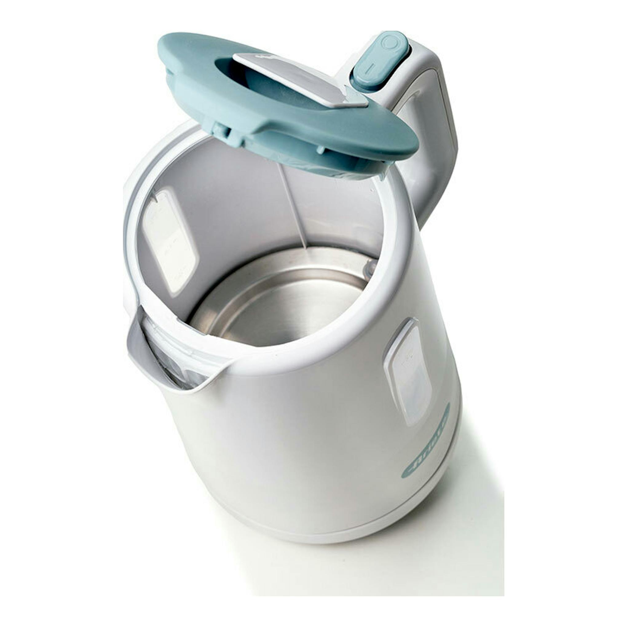 Hervidor Ariete Breakfast blanco, vista superior con tapa abierta y detalles azul claro.