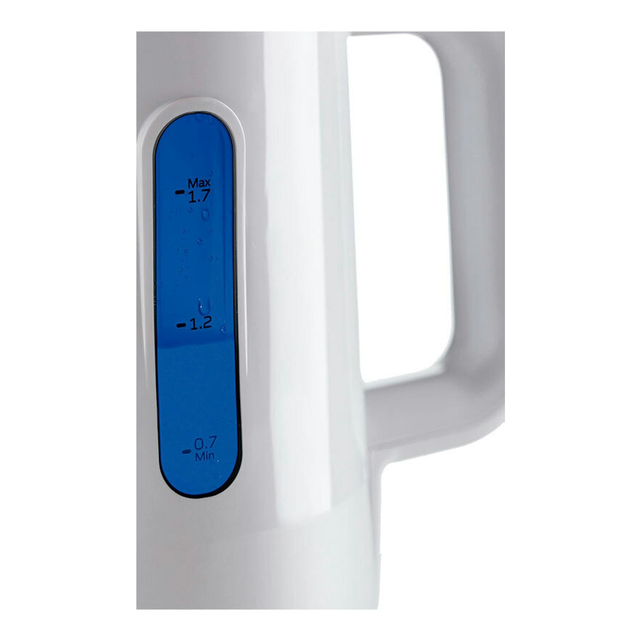 Hervidor Ariete Breakfast blanco, vista frontal parcial con indicador de nivel de agua azul y asa lateral.