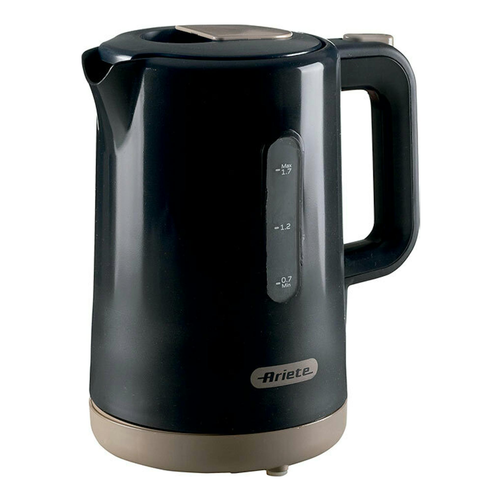 Hervidor Ariete Breakfast Grafito negro con base beige, vista frontal tres cuartos y visor de nivel de agua.