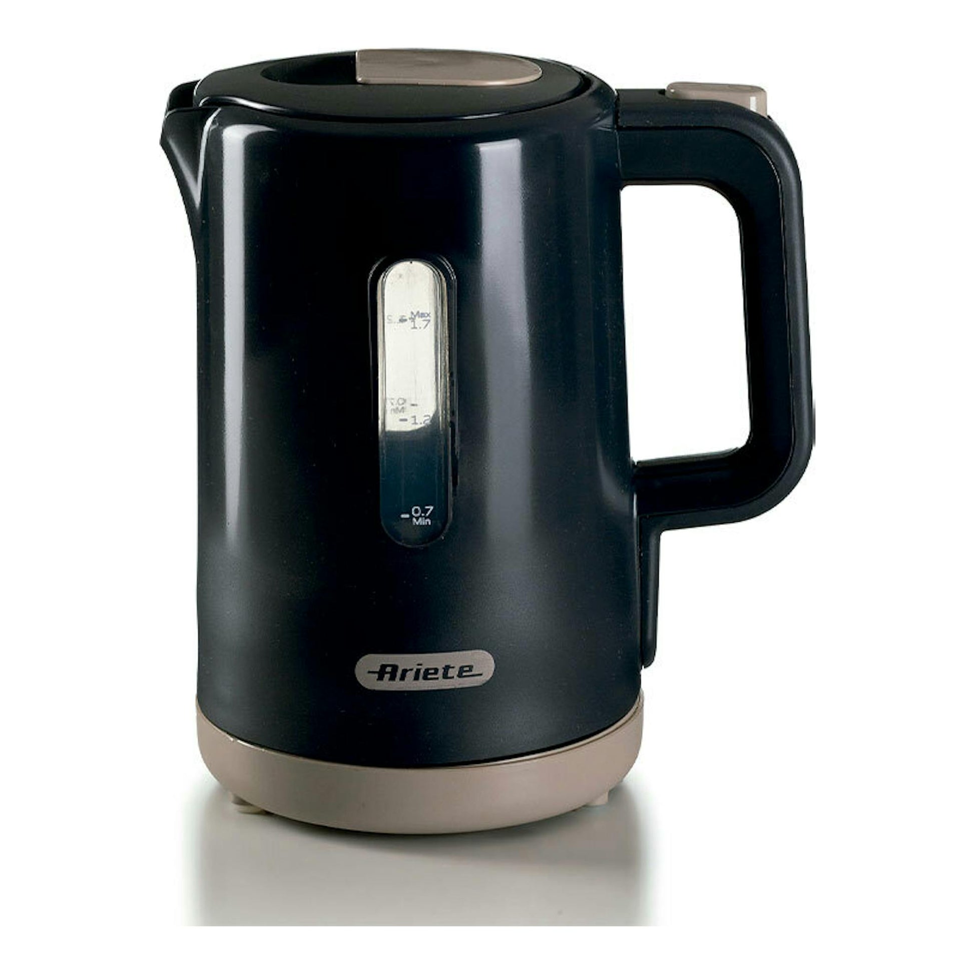 Hervidor Ariete Breakfast grafito, vista frontal, cuerpo negro con base y tapa gris.