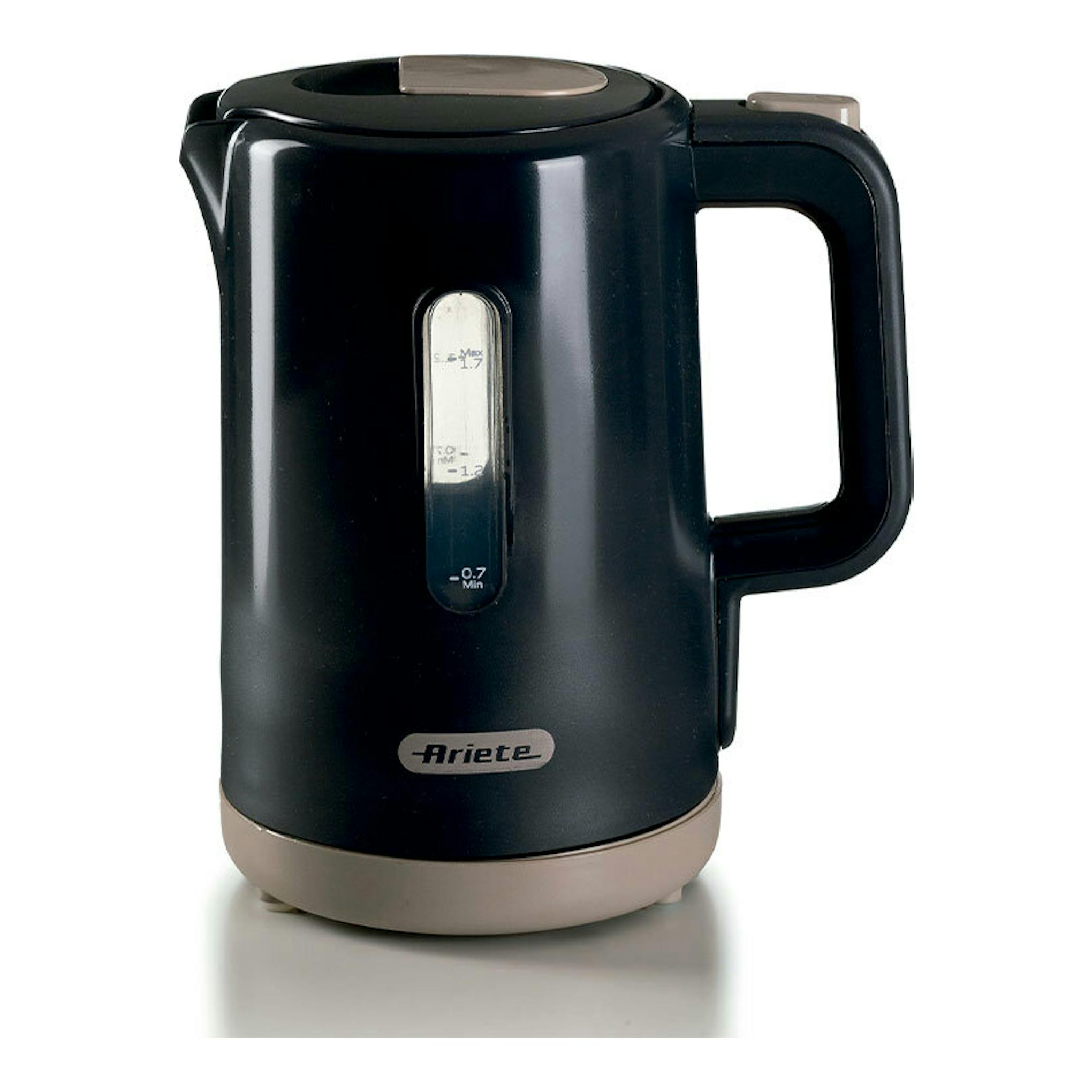 Hervidor Ariete Breakfast grafito, vista frontal, cuerpo negro con base y tapa gris.