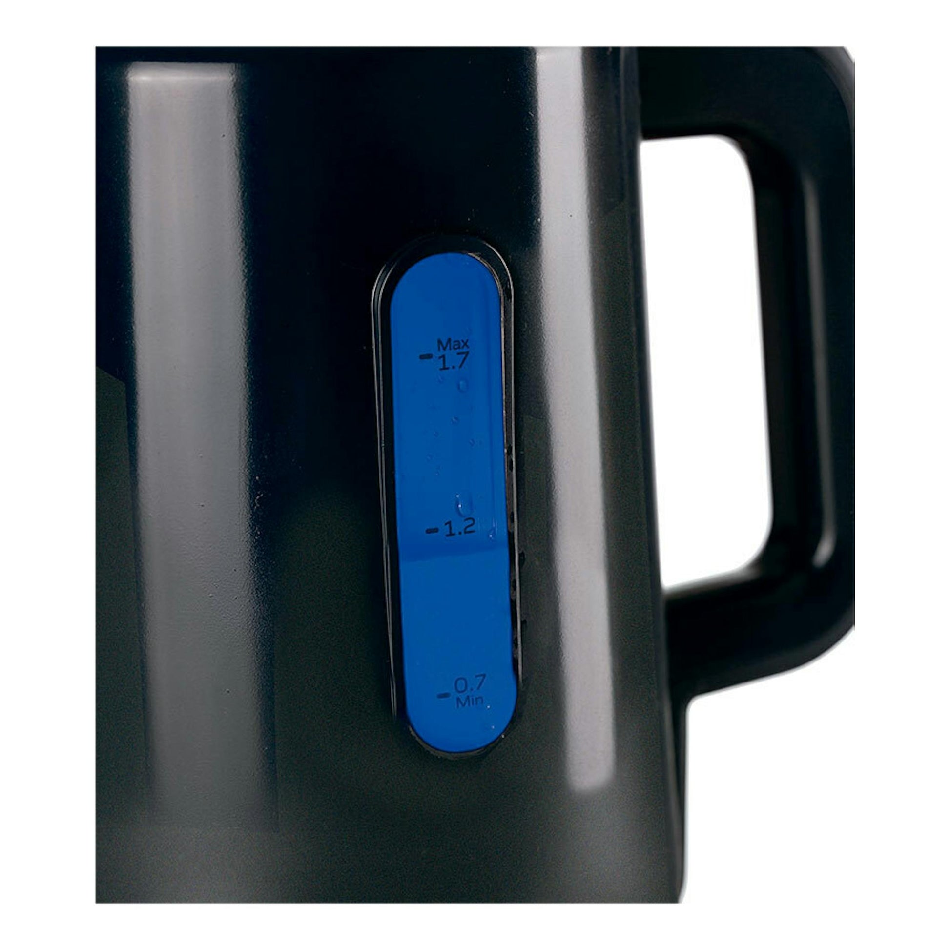 Hervidor Ariete Breakfast grafito, vista lateral en primer plano, con indicador azul de nivel y asa negra.