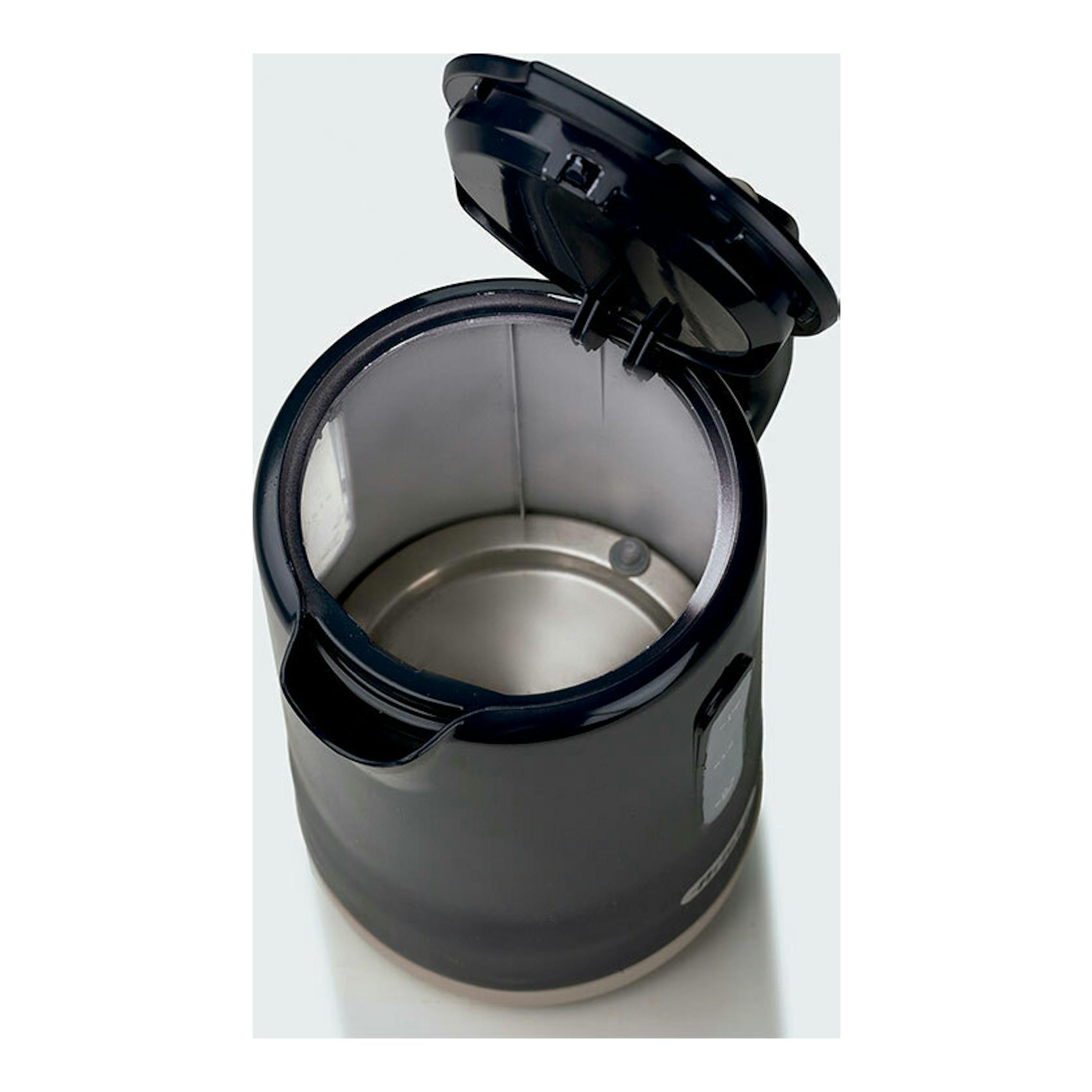Hervidor Ariete Breakfast Grafito negro, vista cenital con tapa abierta e interior de acero inoxidable.