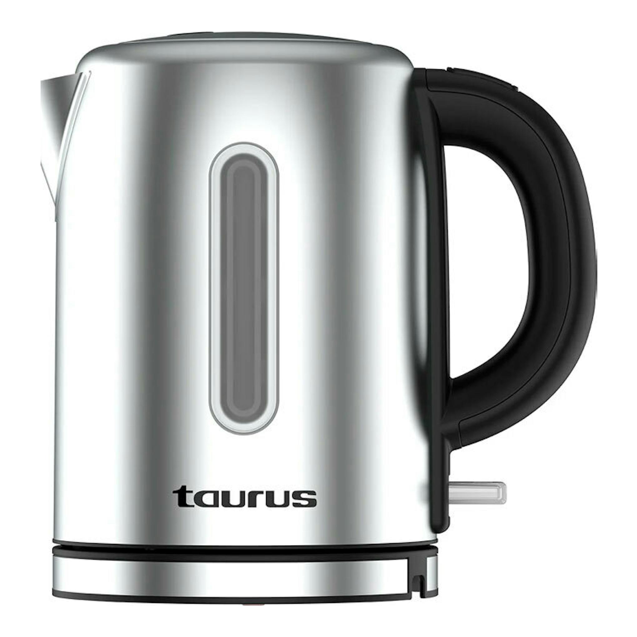 Hervidor Taurus Selene Compact de acero inoxidable, vista frontal, con asa negra y ventana de nivel.