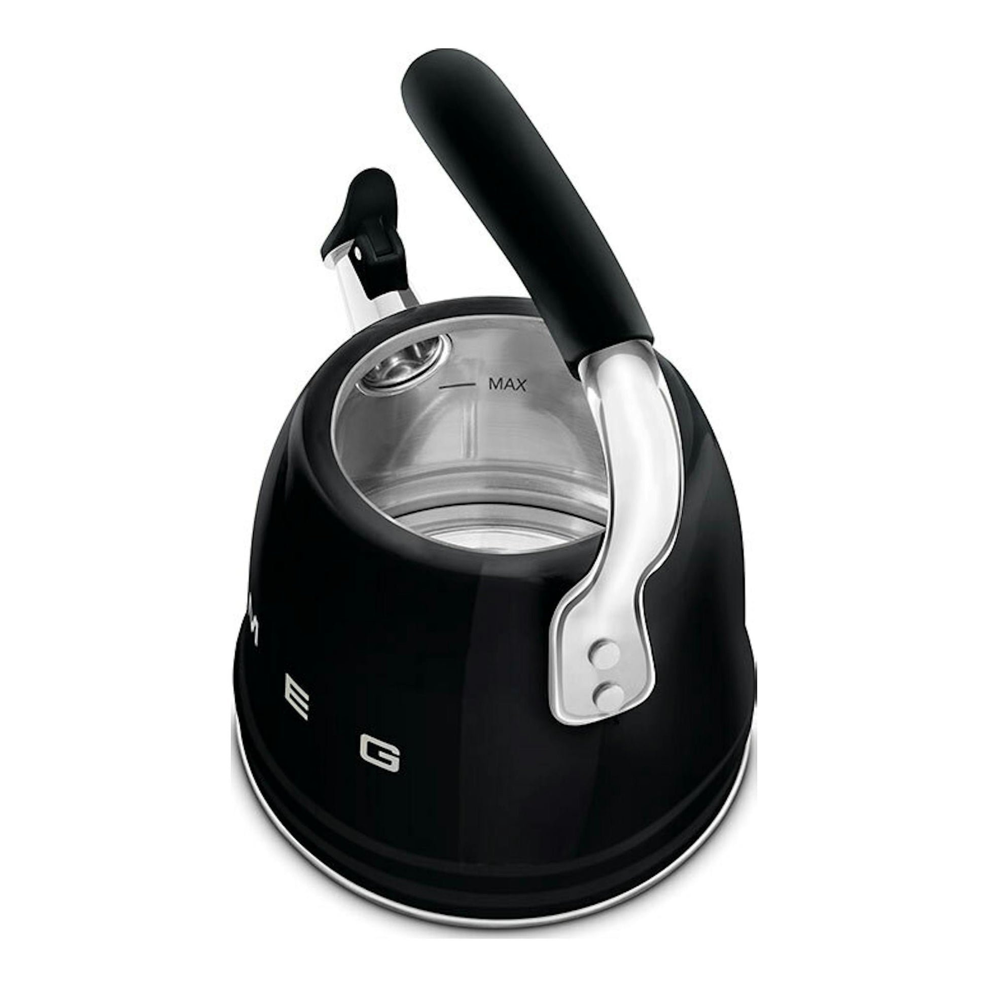 Hervidor silbante Smeg WKF01BL negro, vista superior en ángulo, con asa negra y cuerpo redondeado.