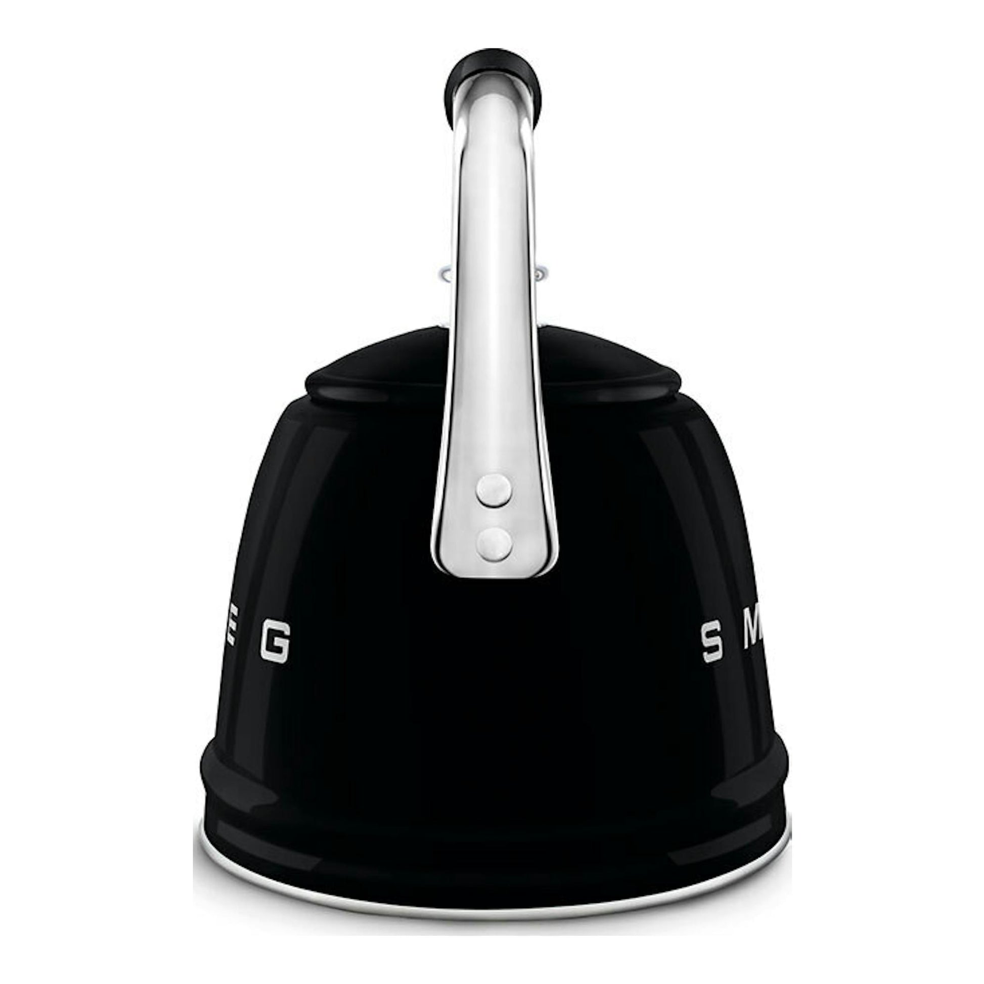 Hervidor silbante Smeg WKF01BL negro, vista frontal, con asa metálica y tapa superior.