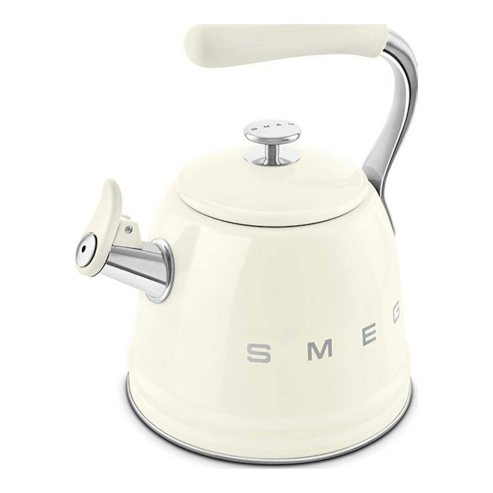 Hervidor silbante Smeg WKF01CR crema, vista frontal izquierda, con asa y boquilla cromadas.