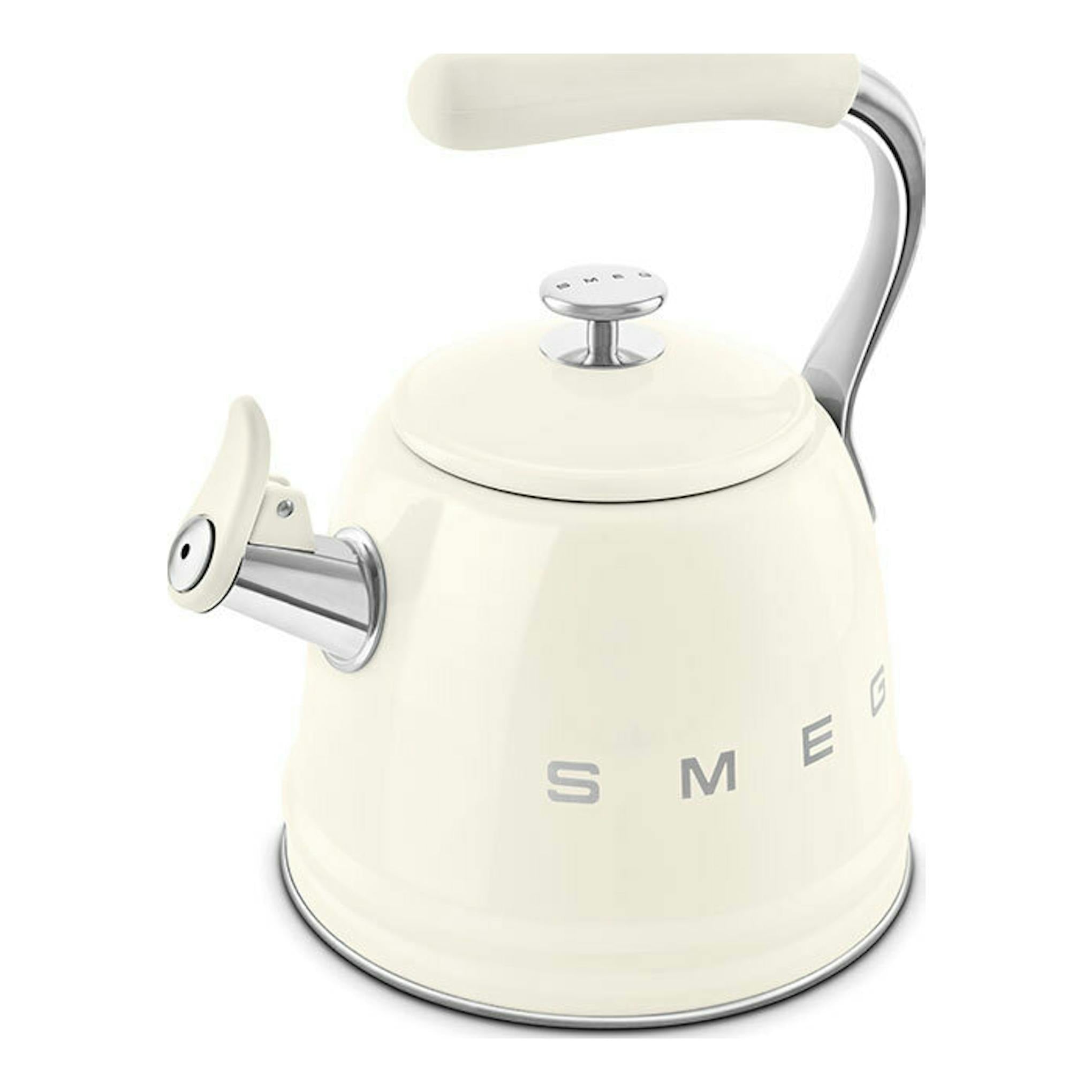 Hervidor silbante Smeg WKF01CR crema, vista frontal izquierda, con asa y boquilla cromadas.