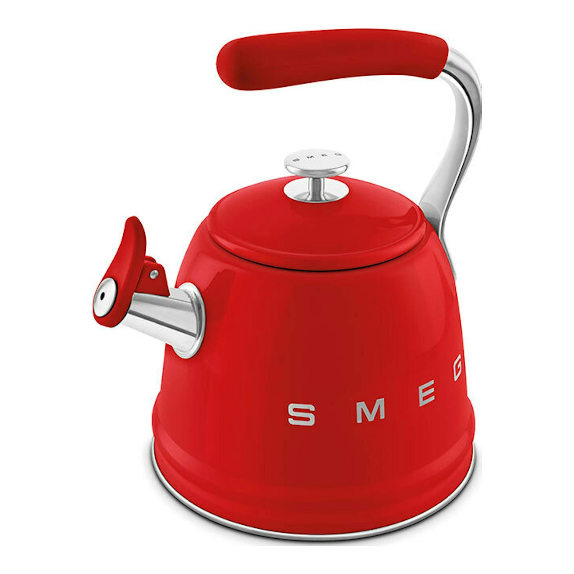 Hervidor silbante Smeg WKF01RD rojo, vista 3/4 frontal, con asa y tapa plateadas.