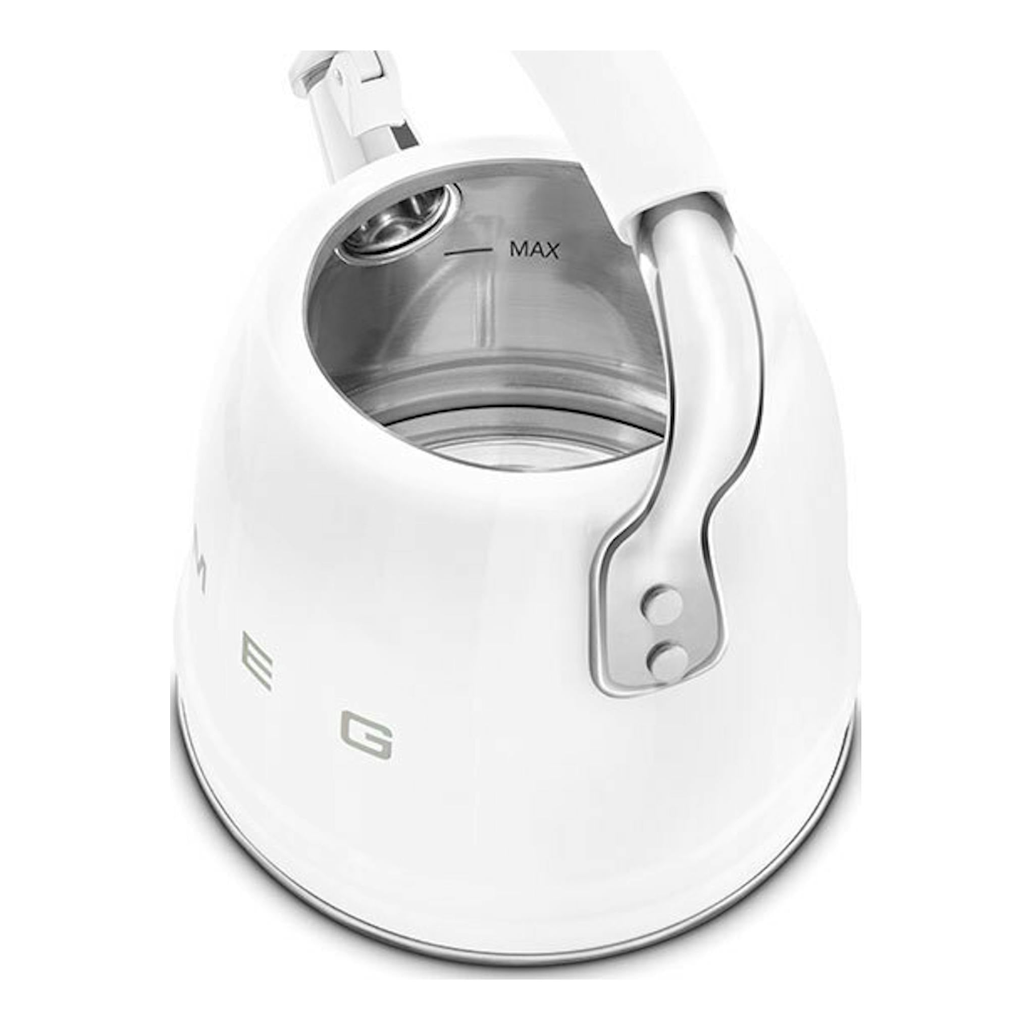 Hervidor silbante Smeg WKF01WH blanco, vista superior en ángulo, con tapa abierta y interior de acero inoxidable.