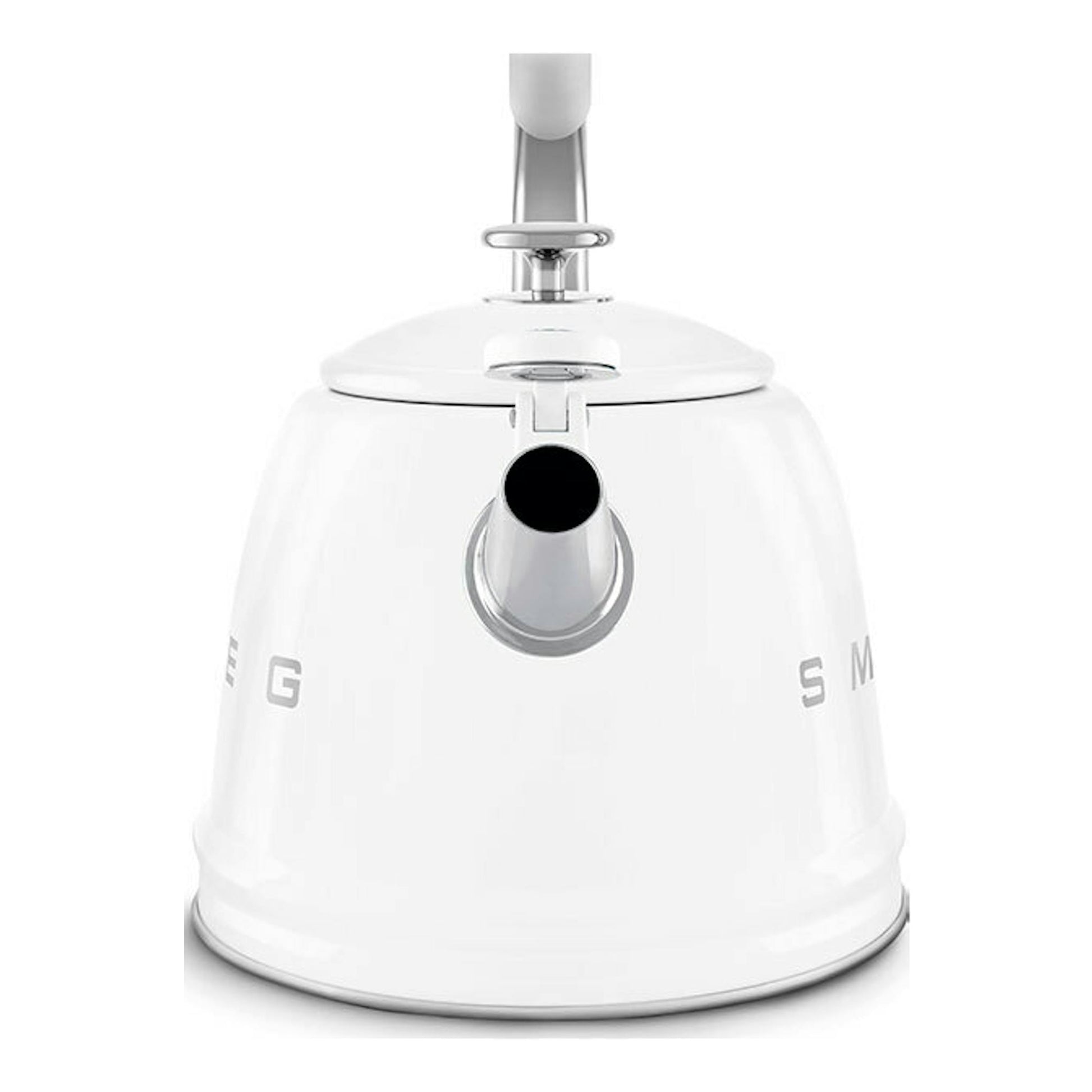 Hervidor silbante Smeg WKF01WH blanco, vista frontal, con asa y pico cromados sobre fondo blanco.