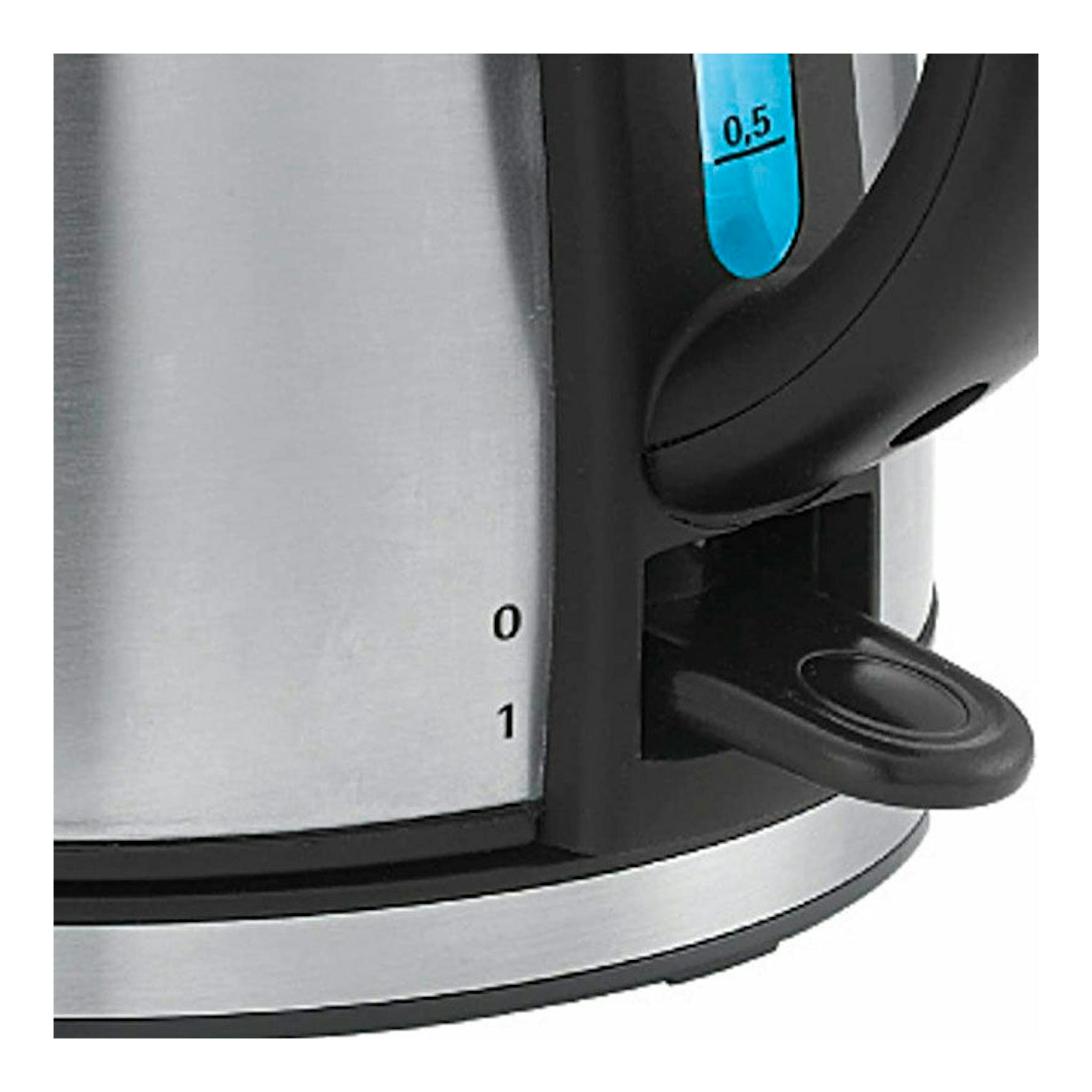 Hervidor WMF STELIO 1,2L de acero inoxidable, vista lateral parcial con asa negra e indicador azul.