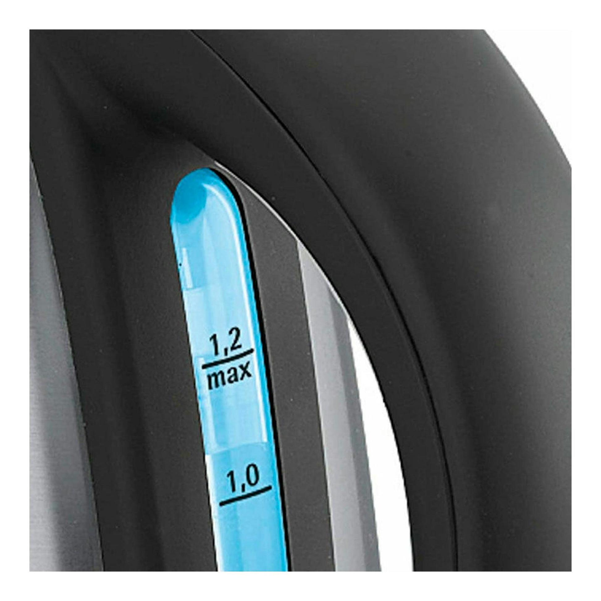 Hervidor WMF Stelio negro, vista en detalle del indicador de nivel de agua azul con marcas 1,0 y 1,2 max.