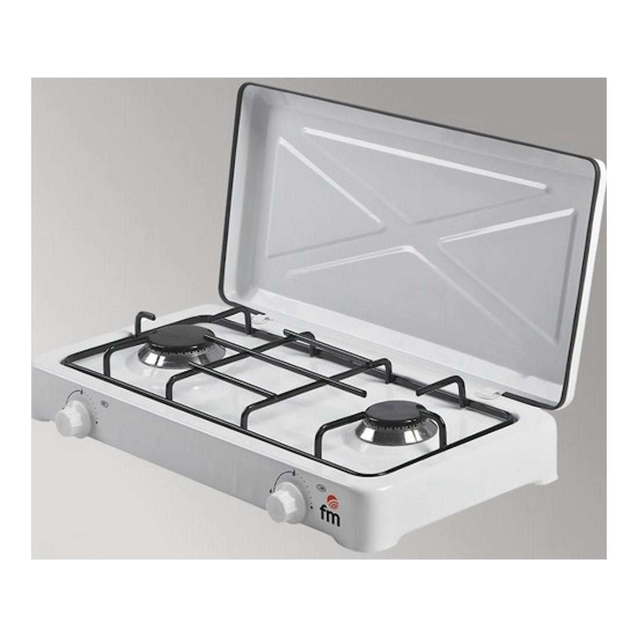Hornillo de gas FM HG-200 blanco, de 2 fuegos, vista en 3/4 con tapa abierta y mandos frontales.
