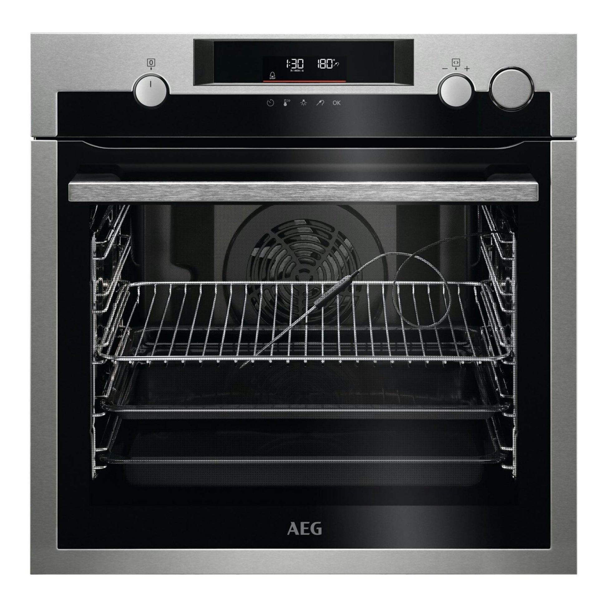 AEG BSE572360M, horno empotrable de acero inoxidable, vista frontal con puerta abierta e interior visible.