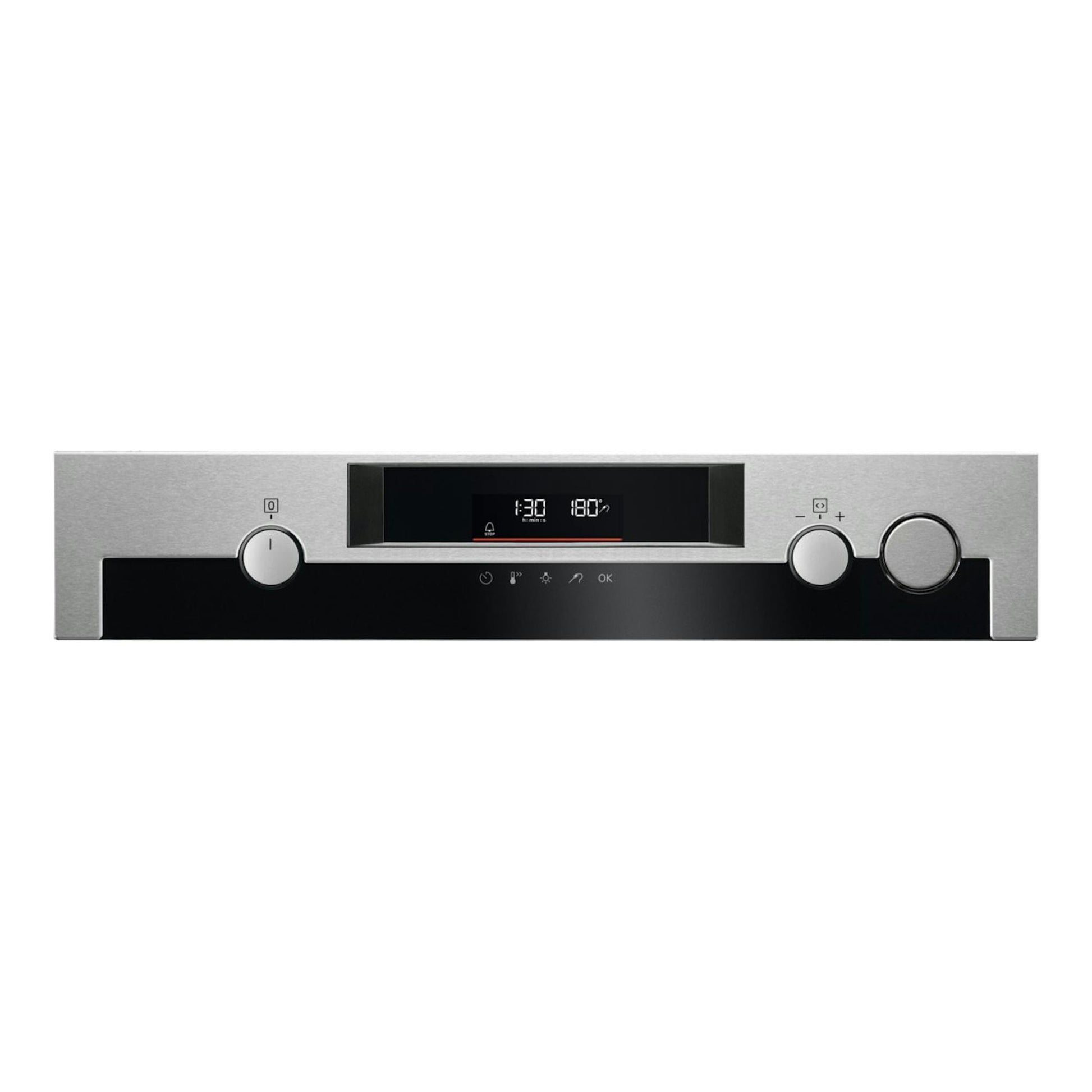 Frontal de horno AEG BSE572360M en acero inoxidable, con panel negro, pantalla digital y mandos giratorios.
