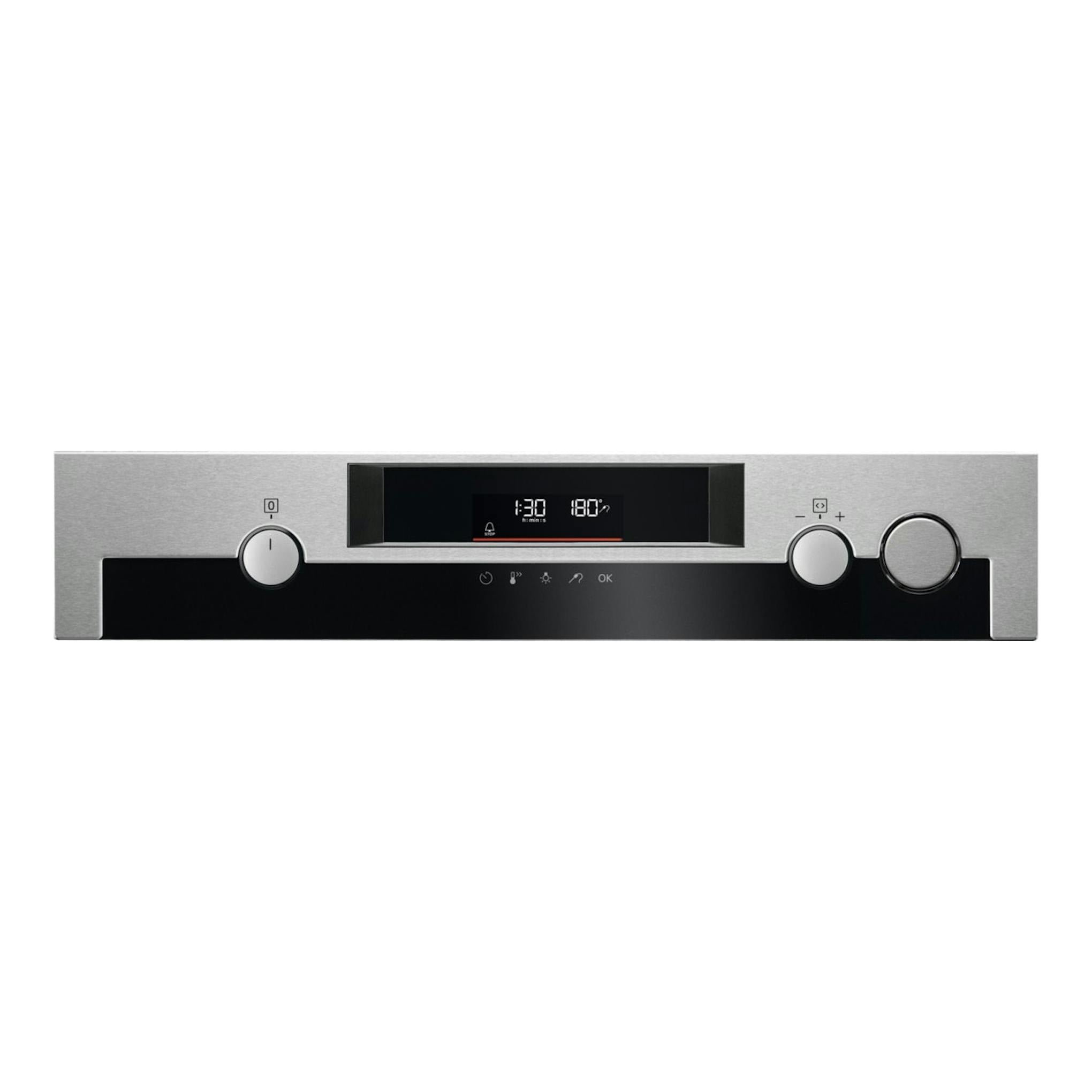 Frontal de horno AEG BSE572360M en acero inoxidable, con panel negro, pantalla digital y mandos giratorios.