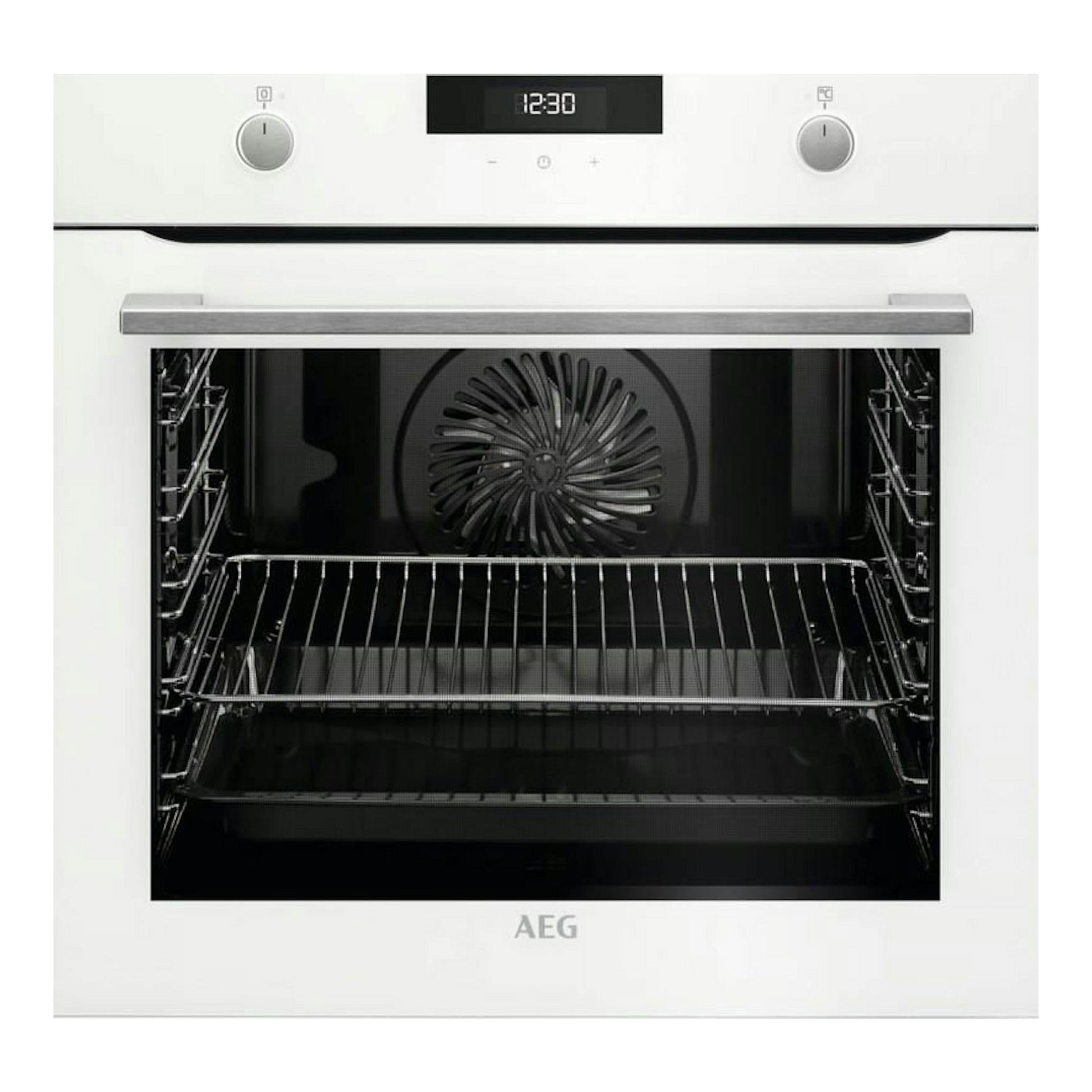 Horno AEG BEK435120W blanco, vista frontal, con panel digital y cavidad interior negra.