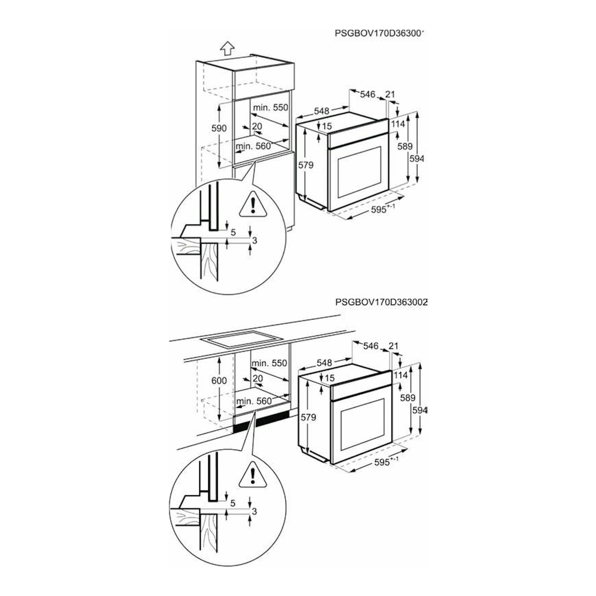 AEG BEK435120W: diagrama técnico de instalación de horno empotrable blanco, con medidas de encastre.