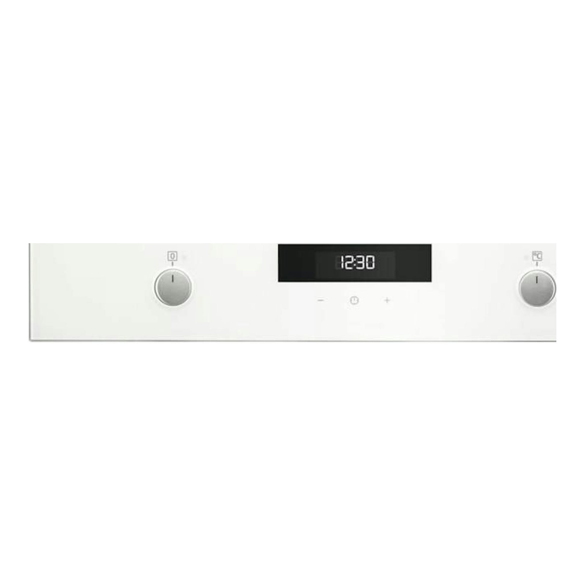 AEG BEK435120W, panel frontal de horno blanco con dos mandos, display central y hora 12:30.