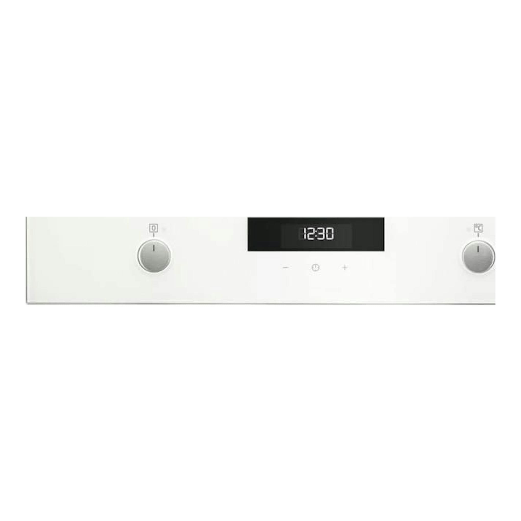 AEG BEK435120W, panel frontal de horno blanco con dos mandos, display central y hora 12:30.
