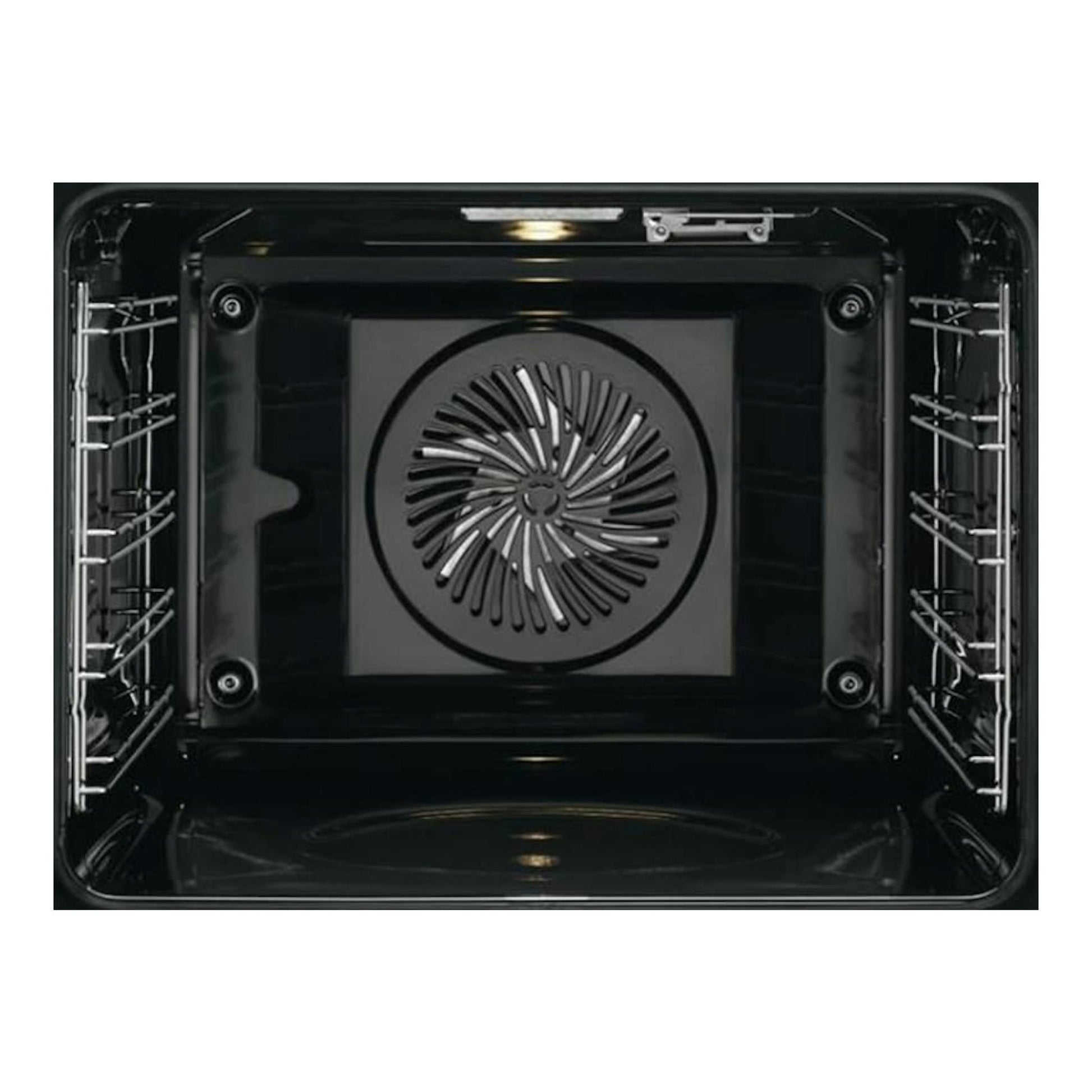 Interior de horno AEG BEK435120W blanco, vista frontal, cavidad negra con ventilador central y guías laterales.