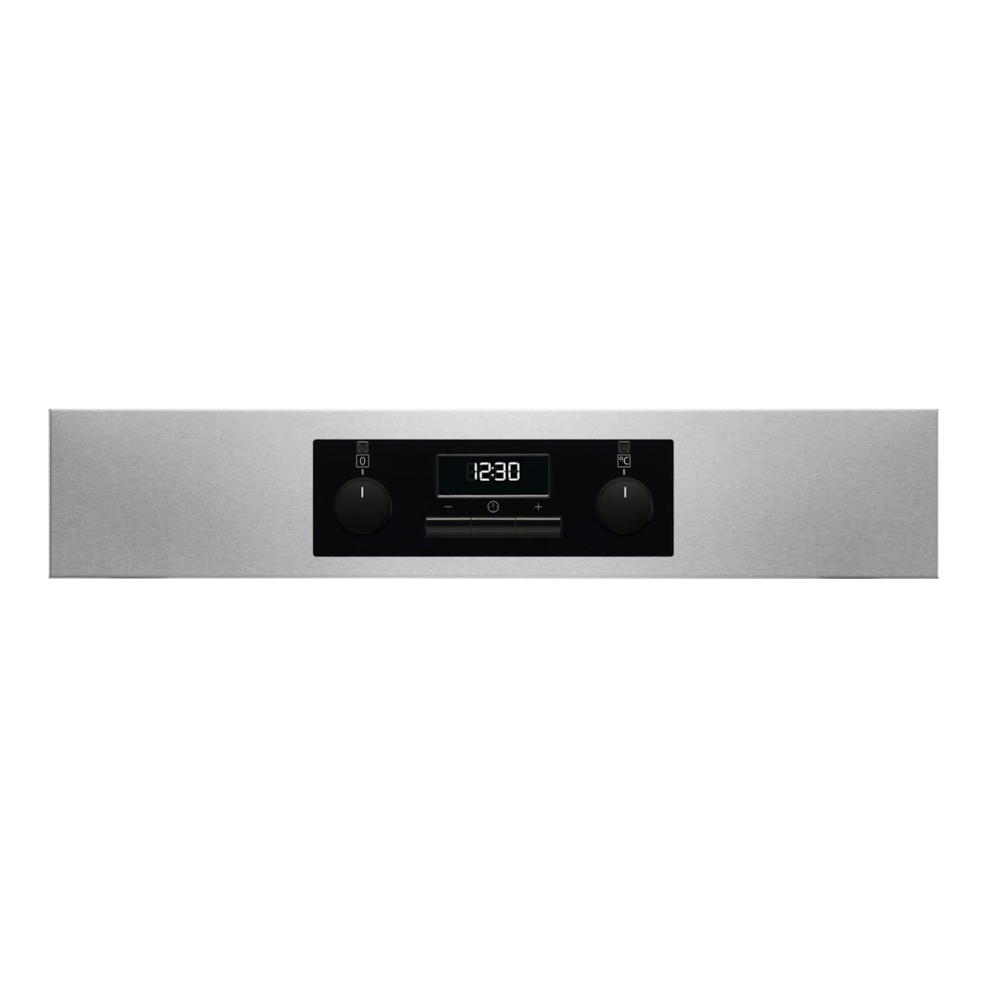 AEG BES331111M, horno empotrado en inox, vista frontal parcial, panel negro con display 12:30 y dos mandos.