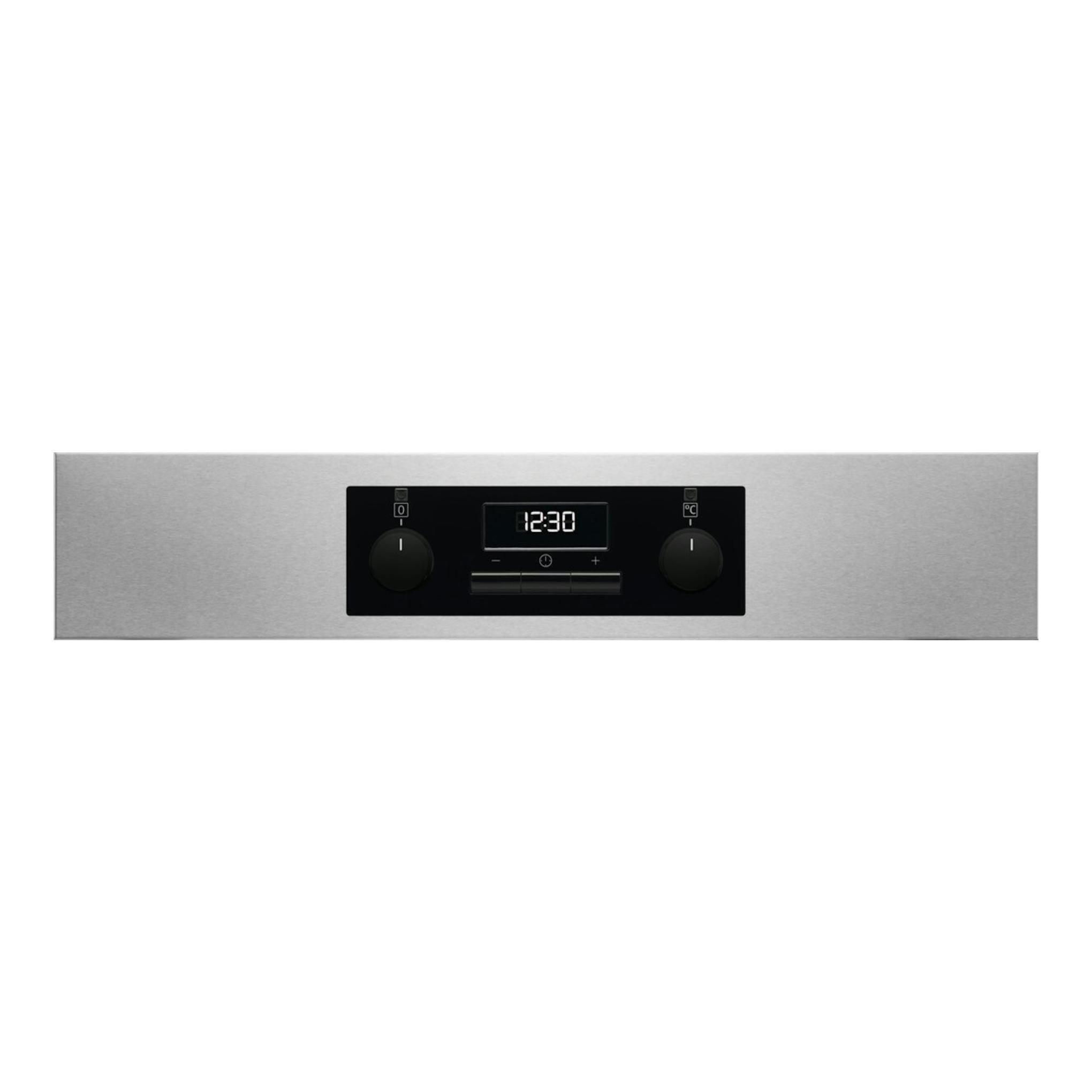 AEG BES331111M, horno empotrado en inox, vista frontal parcial, panel negro con display 12:30 y dos mandos.
