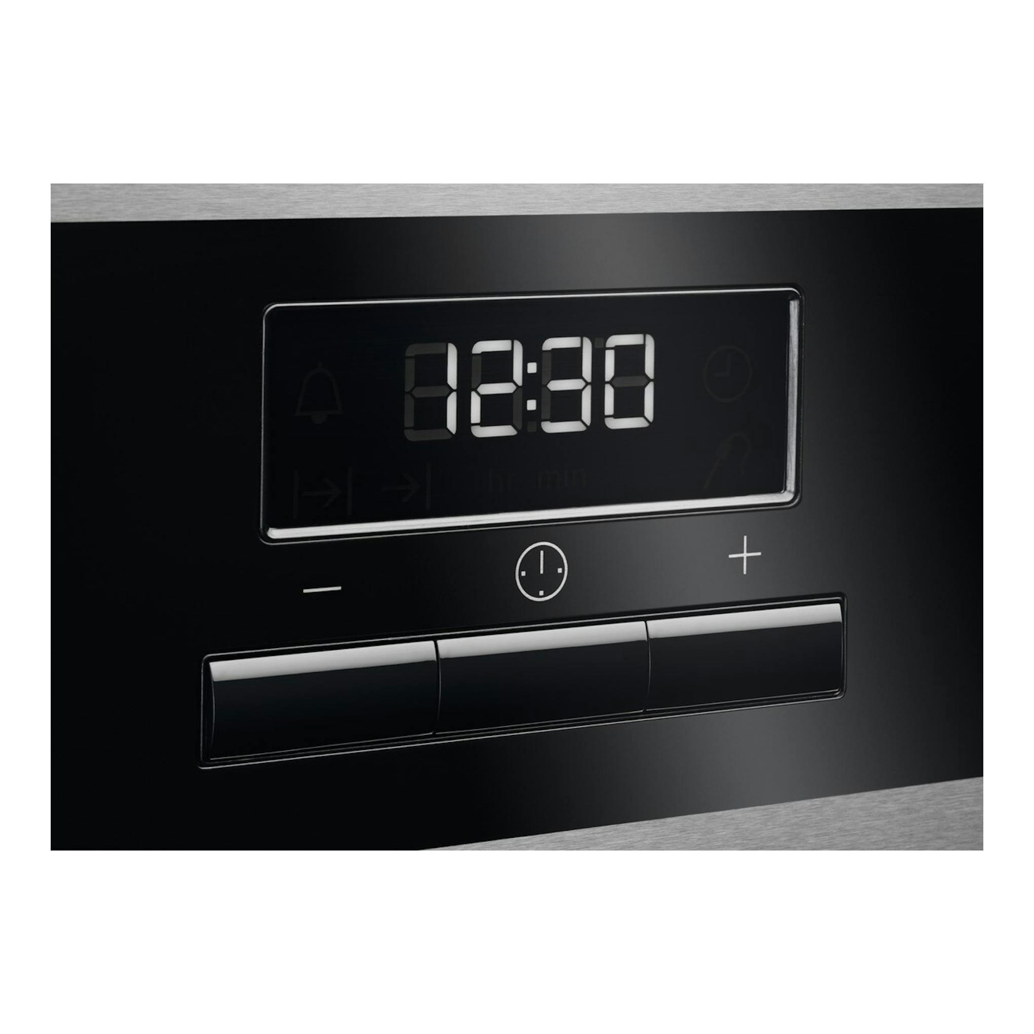 AEG BES331111M, panel frontal negro con pantalla digital y botones táctiles, borde inox.
