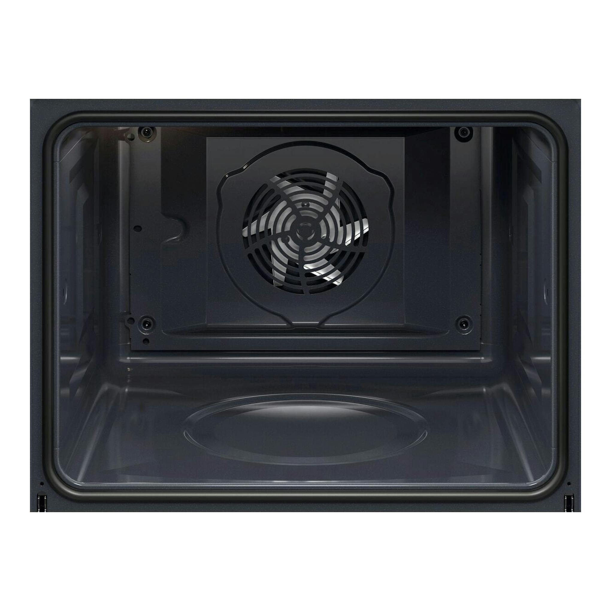 Interior de horno AEG BES331111M en color negro, vista frontal de la cavidad y ventilador trasero.